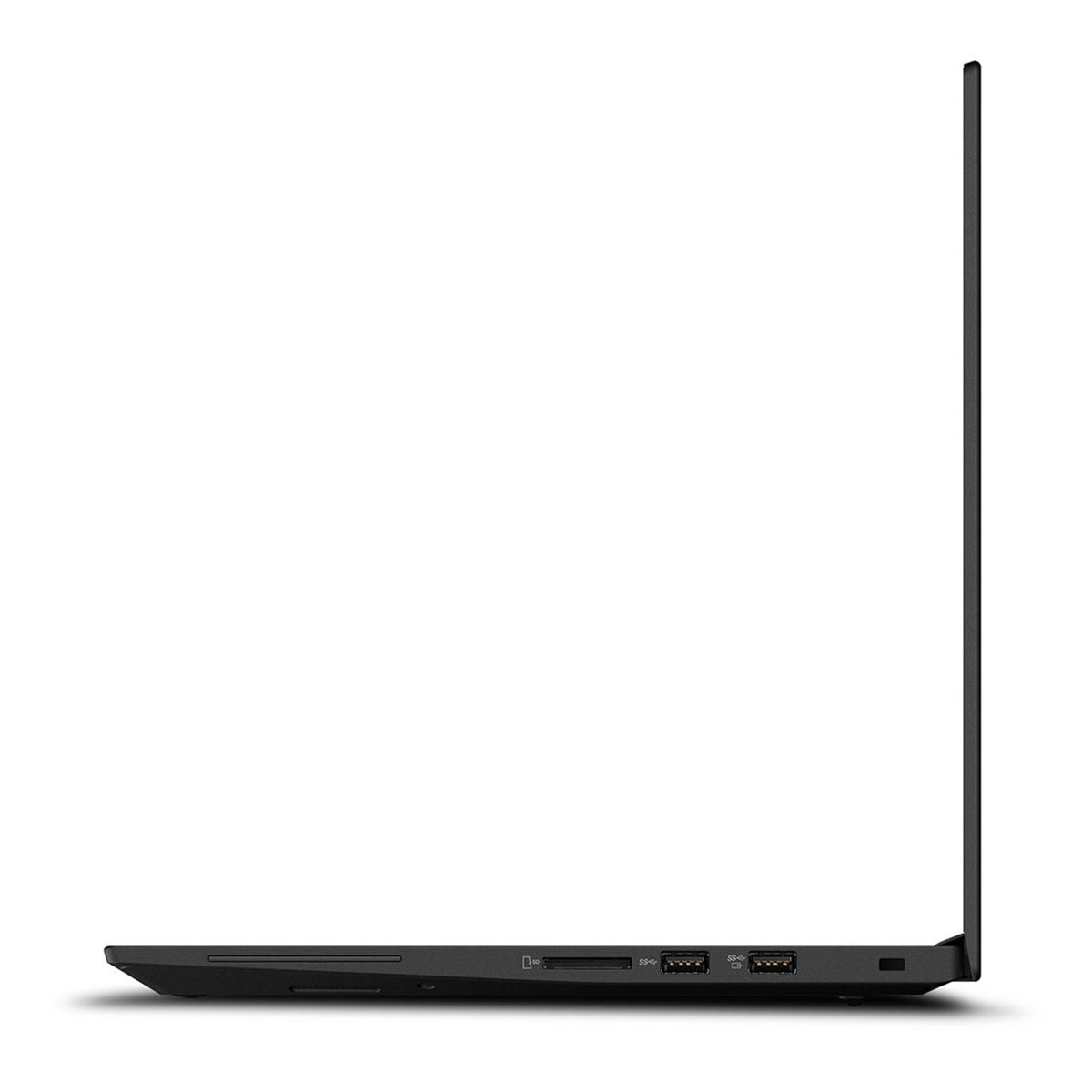 Widok z boku czarnego laptopa pokazujący porty takie jak czytnik kart SD i USB.