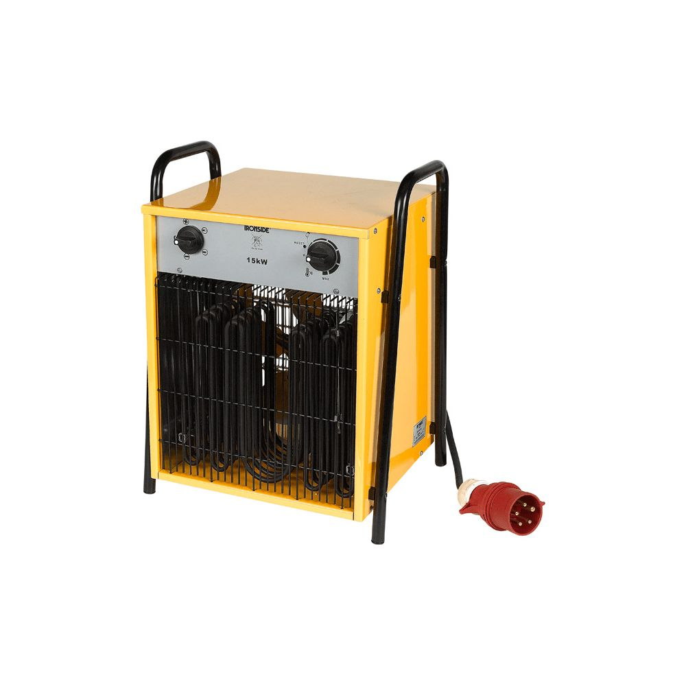 Stufetta gialla con manici neri e etichetta 15kW, spina rossa
