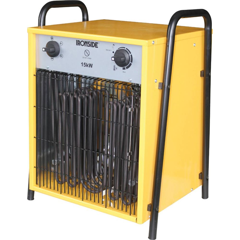 Una stufa a ventola gialla da 15 kW con maniglie e controlli neri.