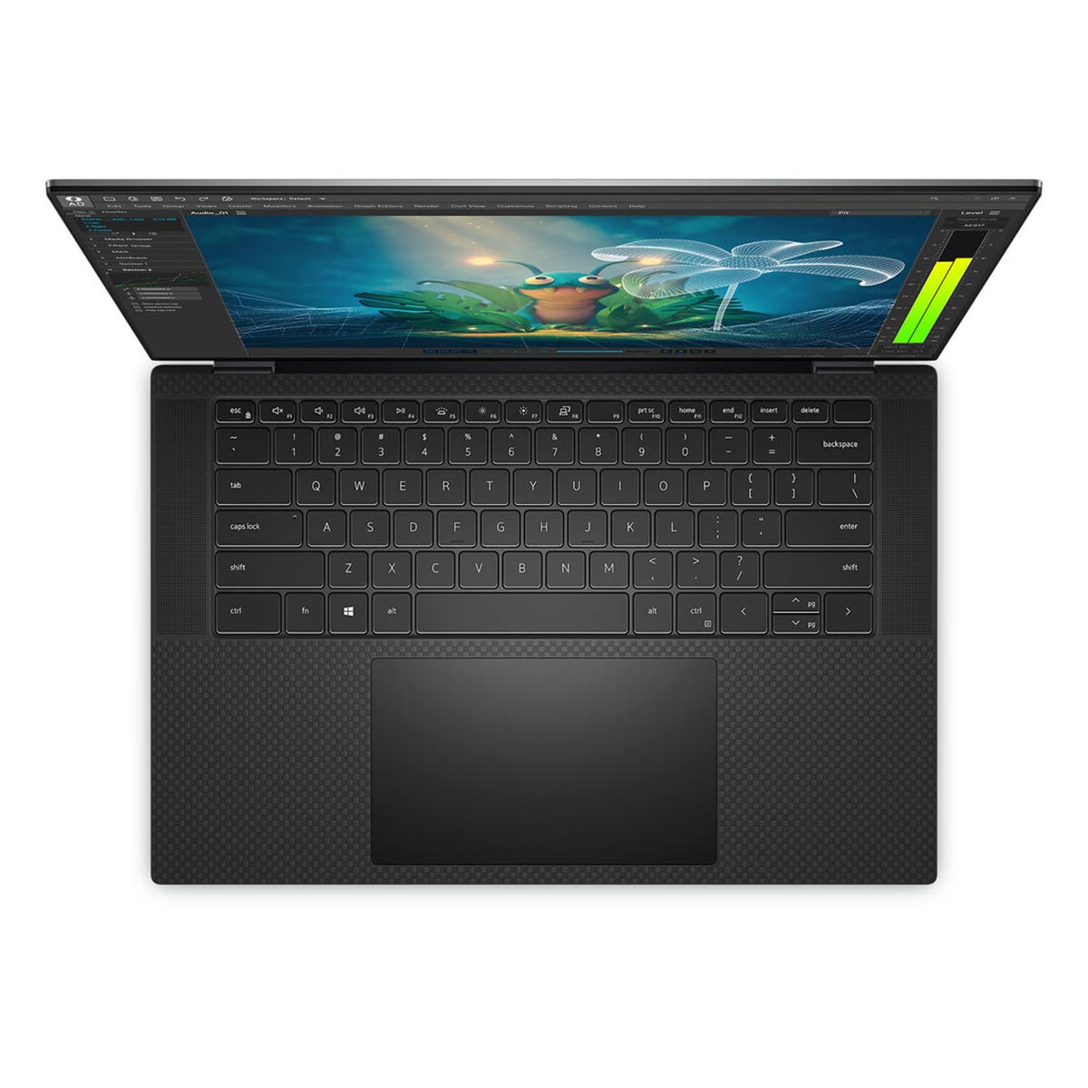 Otwarty laptop z klawiaturą i touchpadem, wyświetlający ekran animacji.