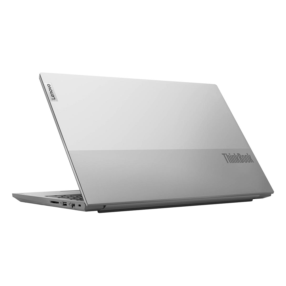 Otwarty, srebrny laptop Lenovo ThinkBook jest wystawiony.