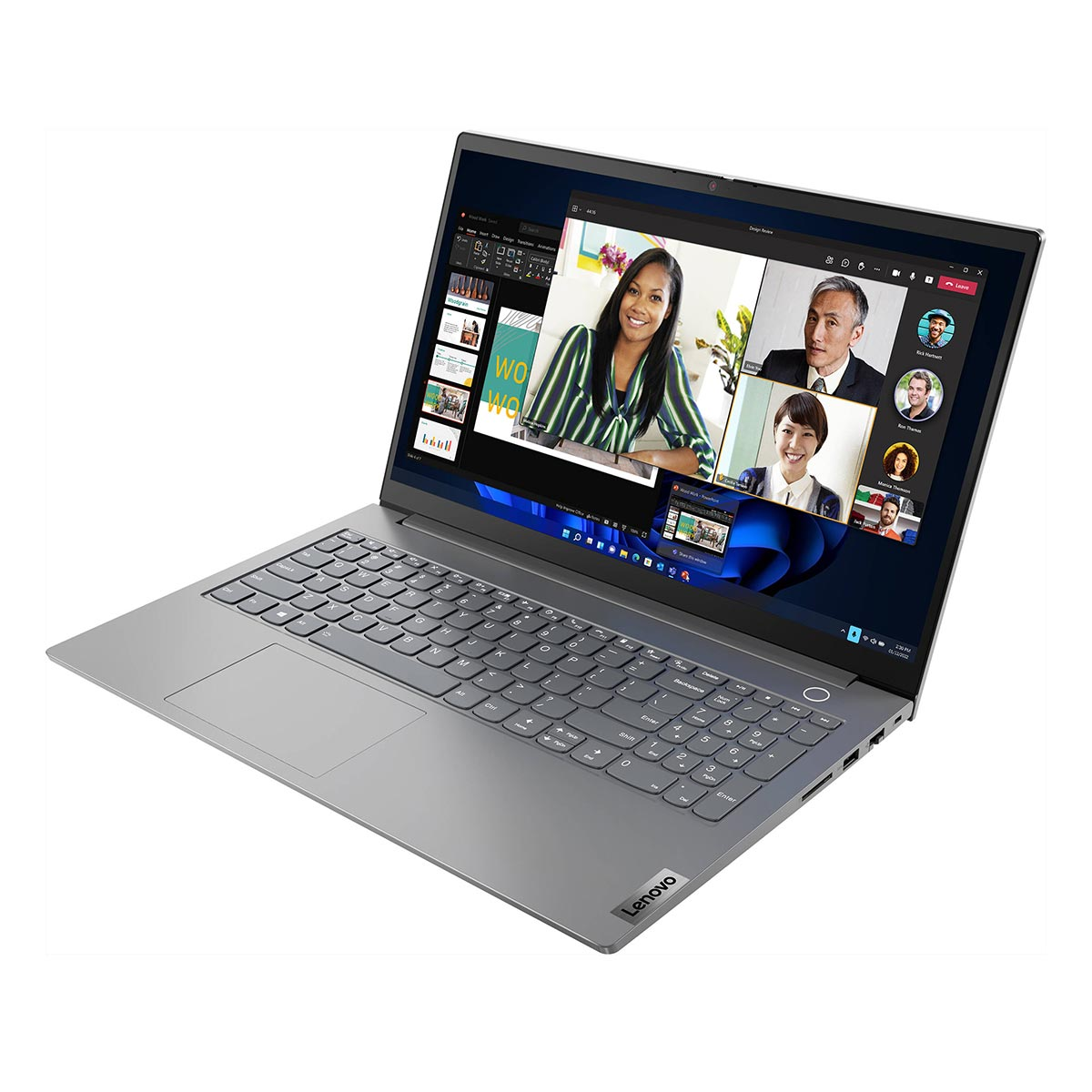 Srebrny laptop Lenovo wyświetla wideokonferencję z czterema uczestnikami i slajdami.