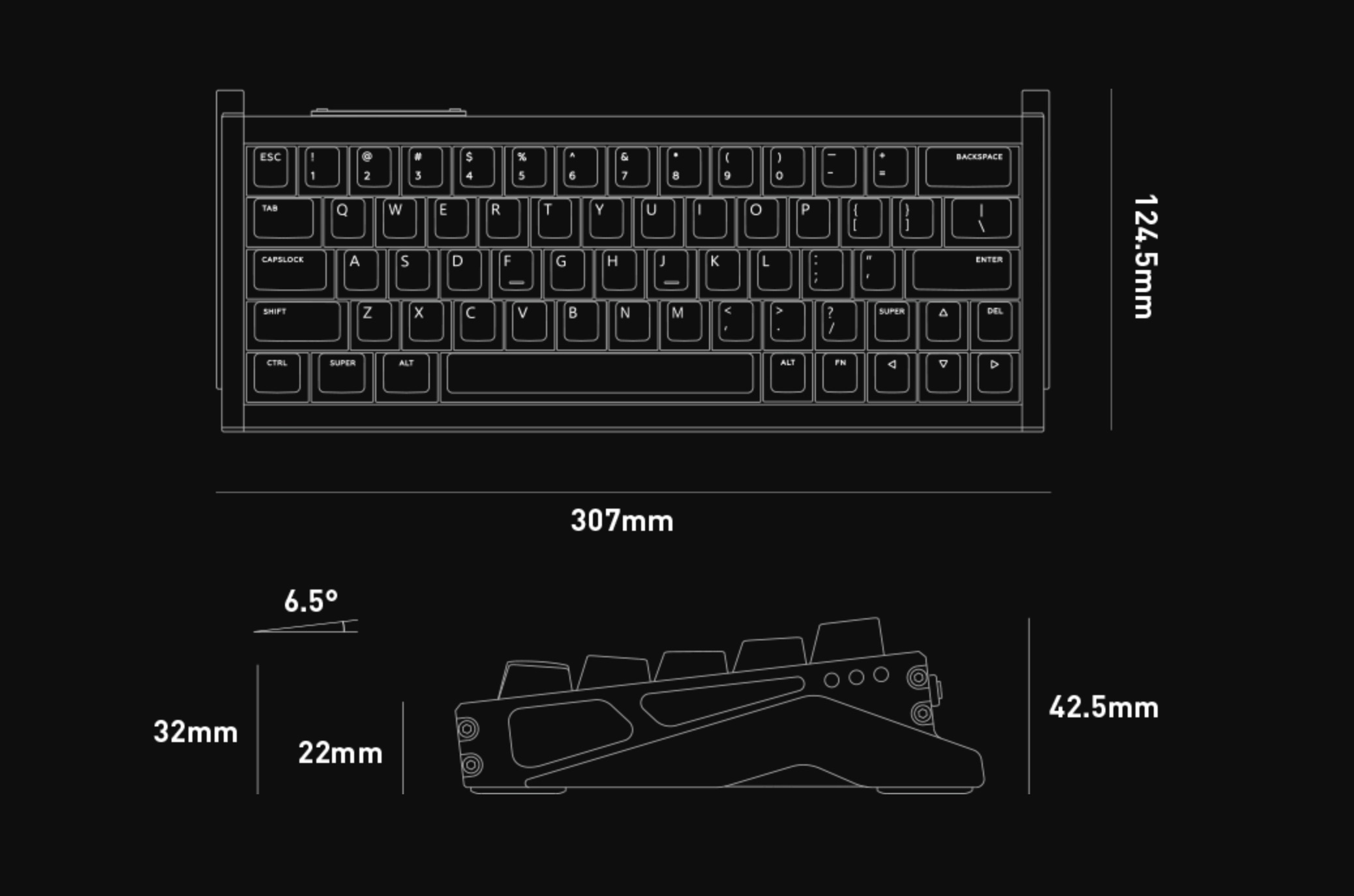 Rysunek klawiatury z wymiarami: szerokość 307mm, wysokość 124.5mm, głębokość 42.5mm.