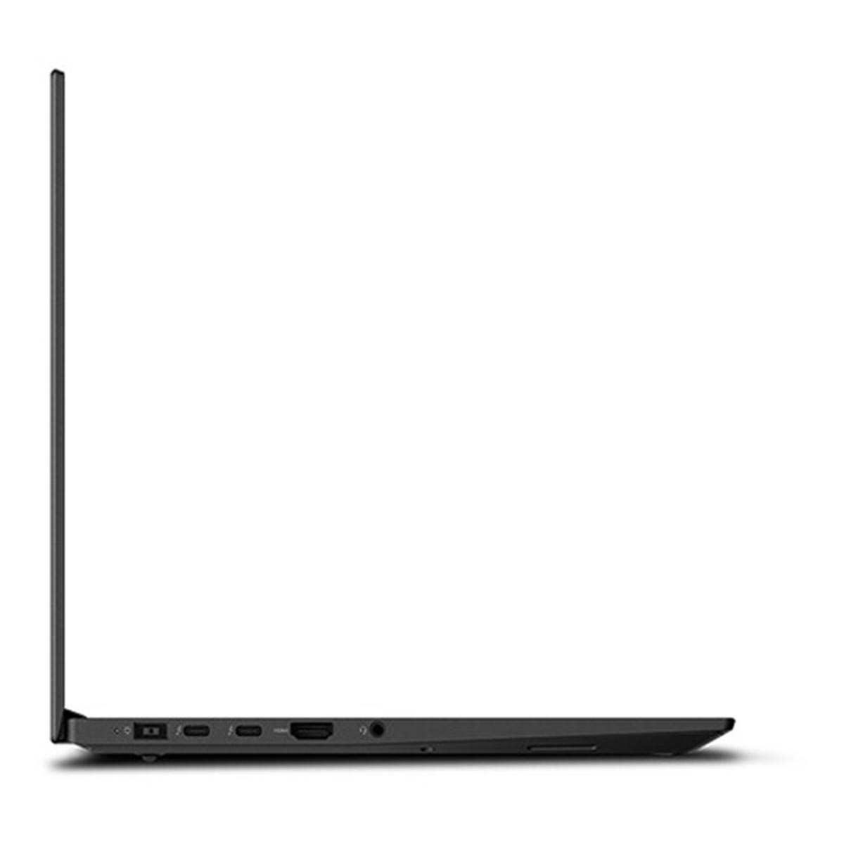 Widok z boku czarnego laptopa z portami na dolnej krawędzi.
