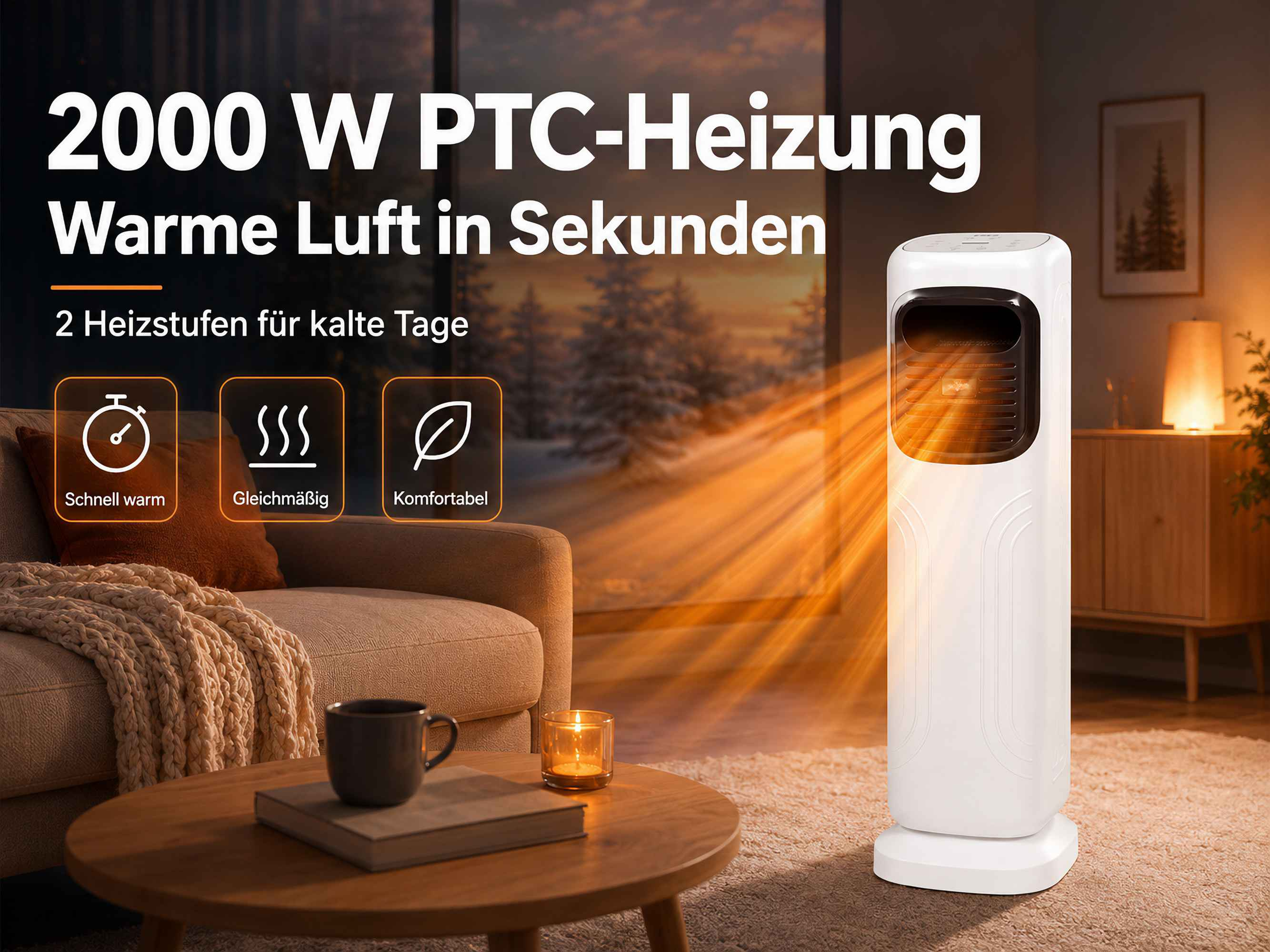Ein weißer Turmheizkörper gibt warme Luft ab, neben einem Sofa mit Decke und Kaffeetasse.