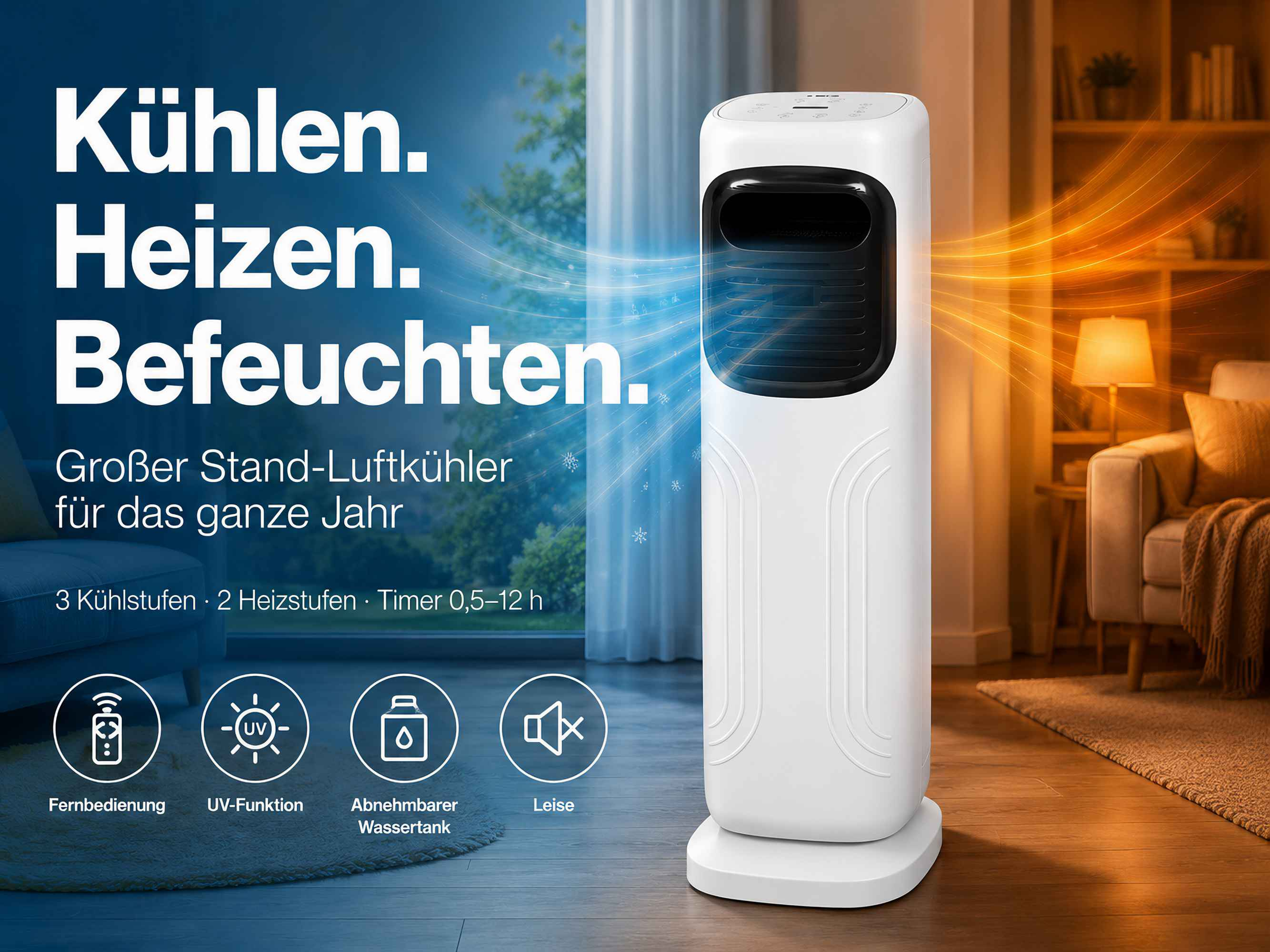 Ein weißer Turm-Luftkühler mit Fernbedienung, UV-Funktion und abnehmbarem Wassertank.