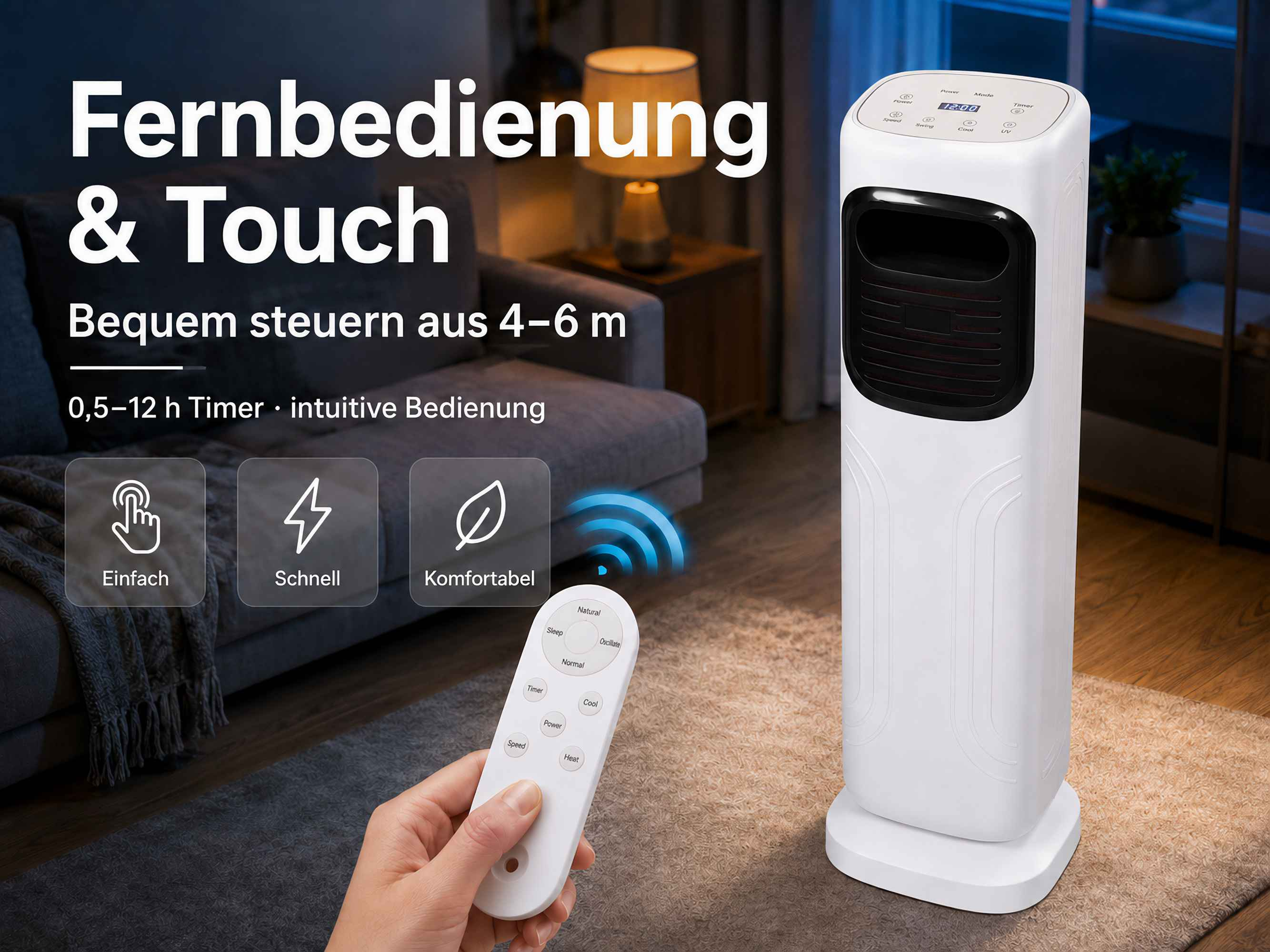 Ein weißer Turmlüfter mit Fernbedienung und Touchscreen-Bedienfeld in einem Wohnzimmer.