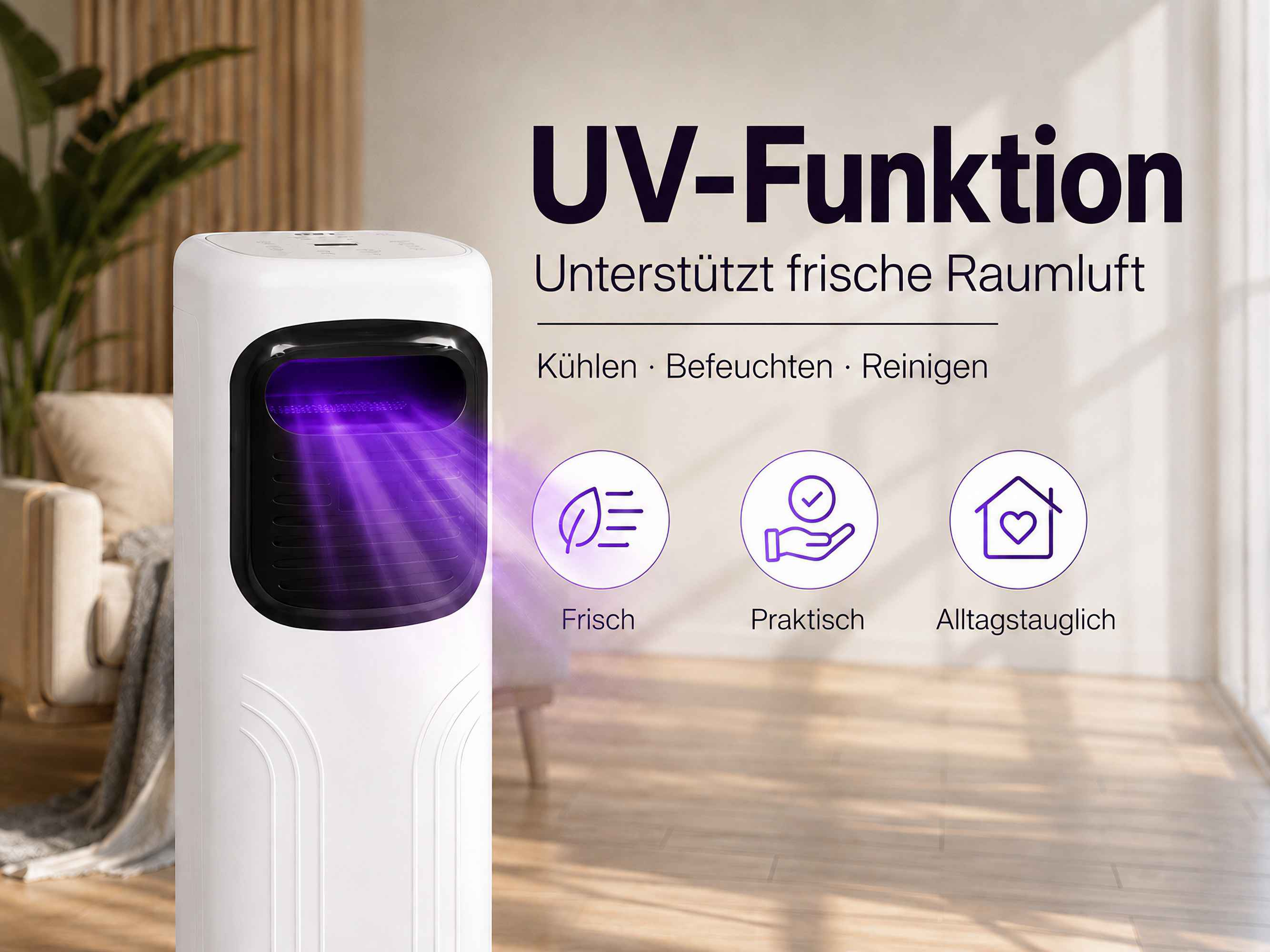 Ein weißer Luftreiniger mit violetter UV-Beleuchtung im Innenraum, neben einem Sessel.