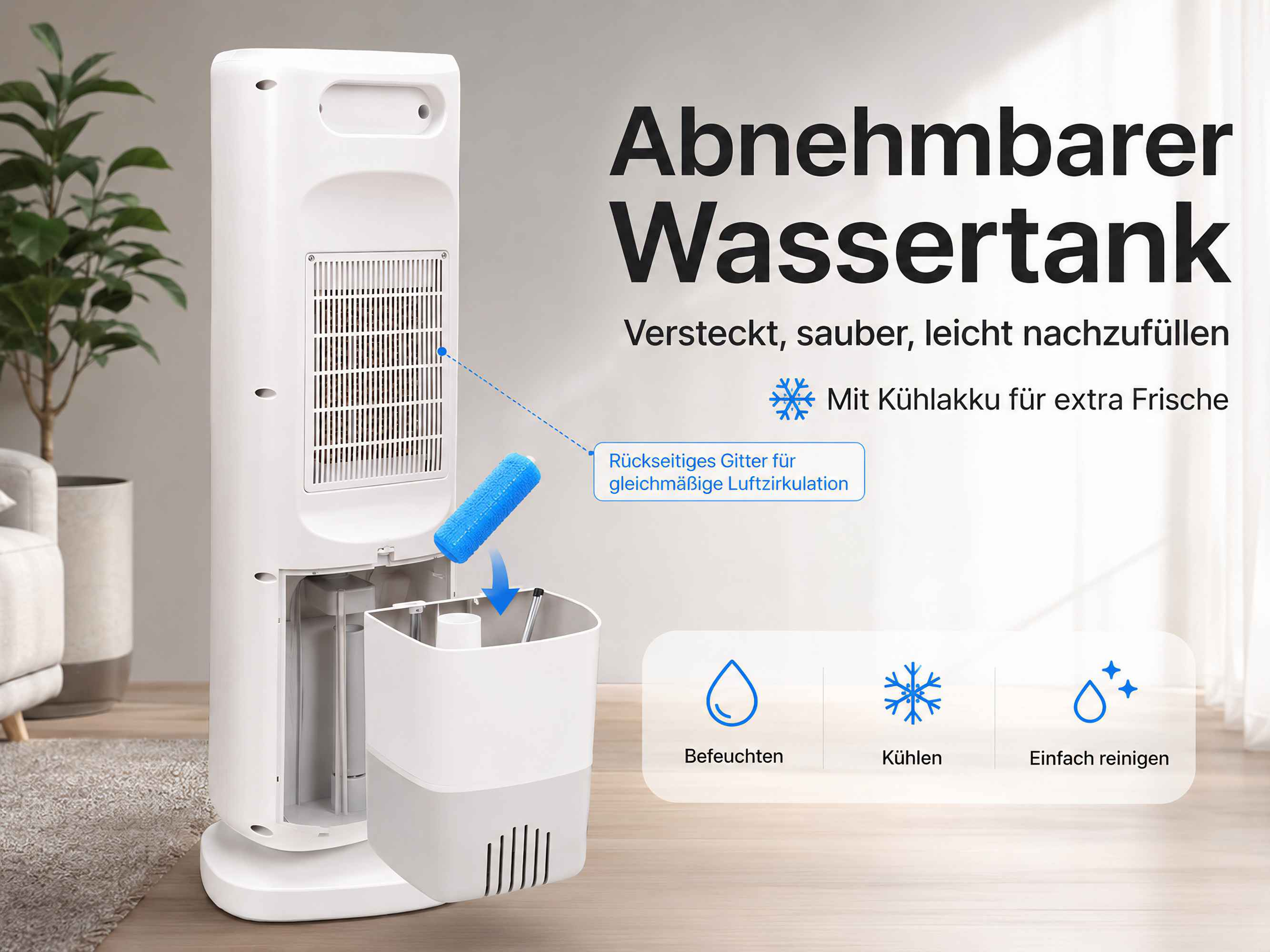 Ein weißer Turm-Luftkühler mit herausnehmbarem Wassertank und Gitter.