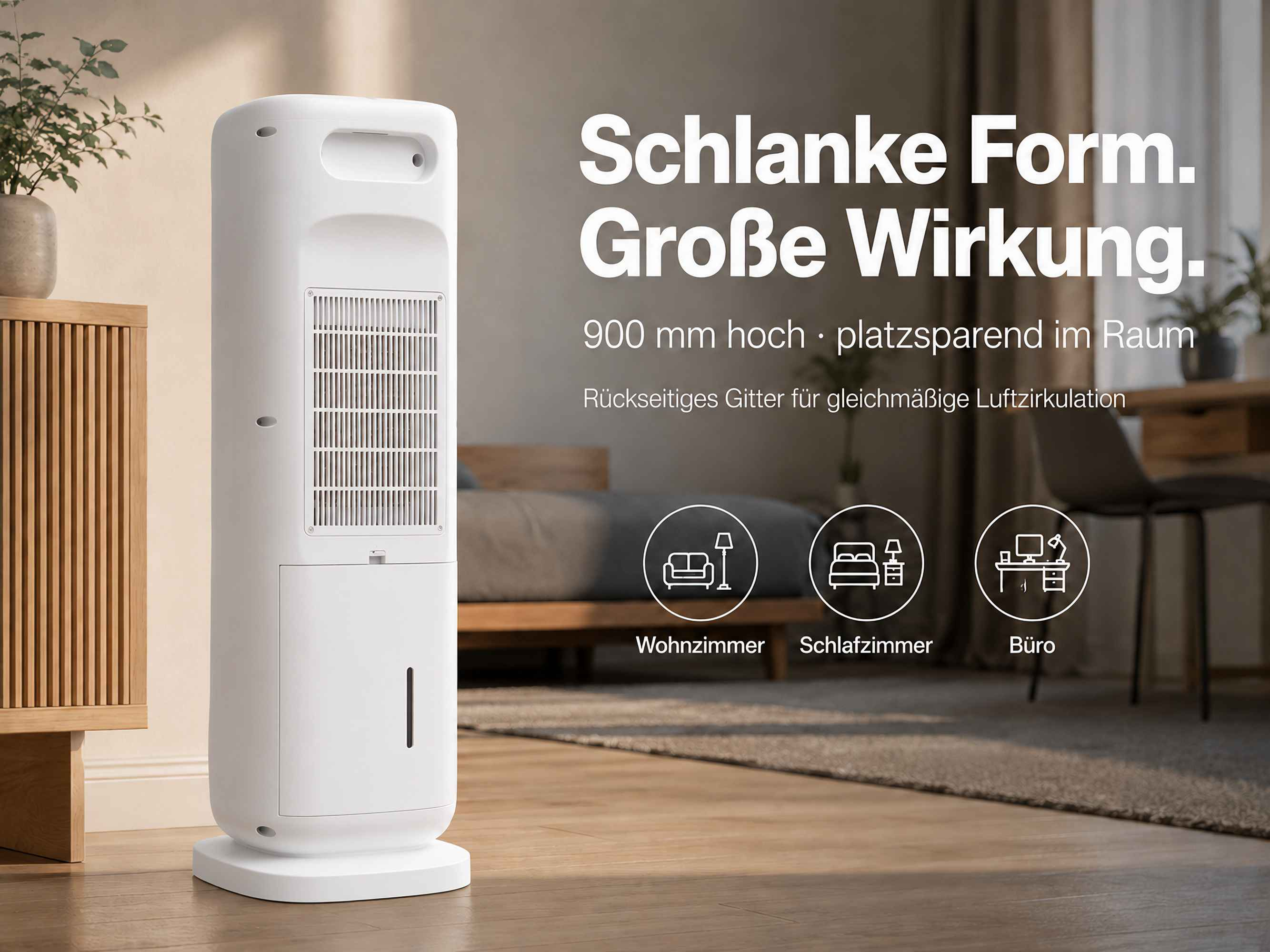Ein weißer Turmventilator steht neben einem Holzschrank in einem stilvollen Wohnzimmer.