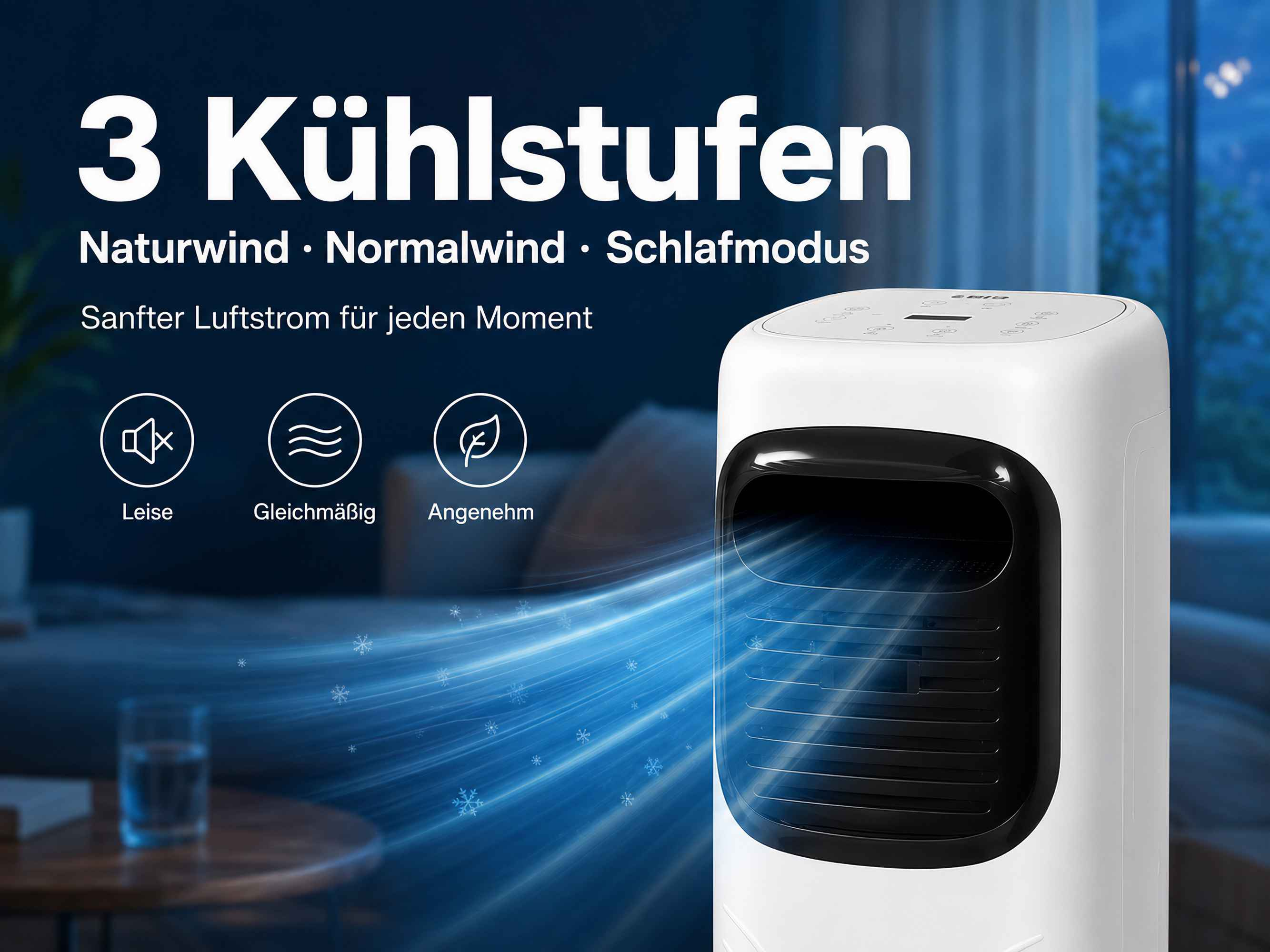 Ein weißer Luftkühler mit blauen Luftströmen und Schneeflocken.