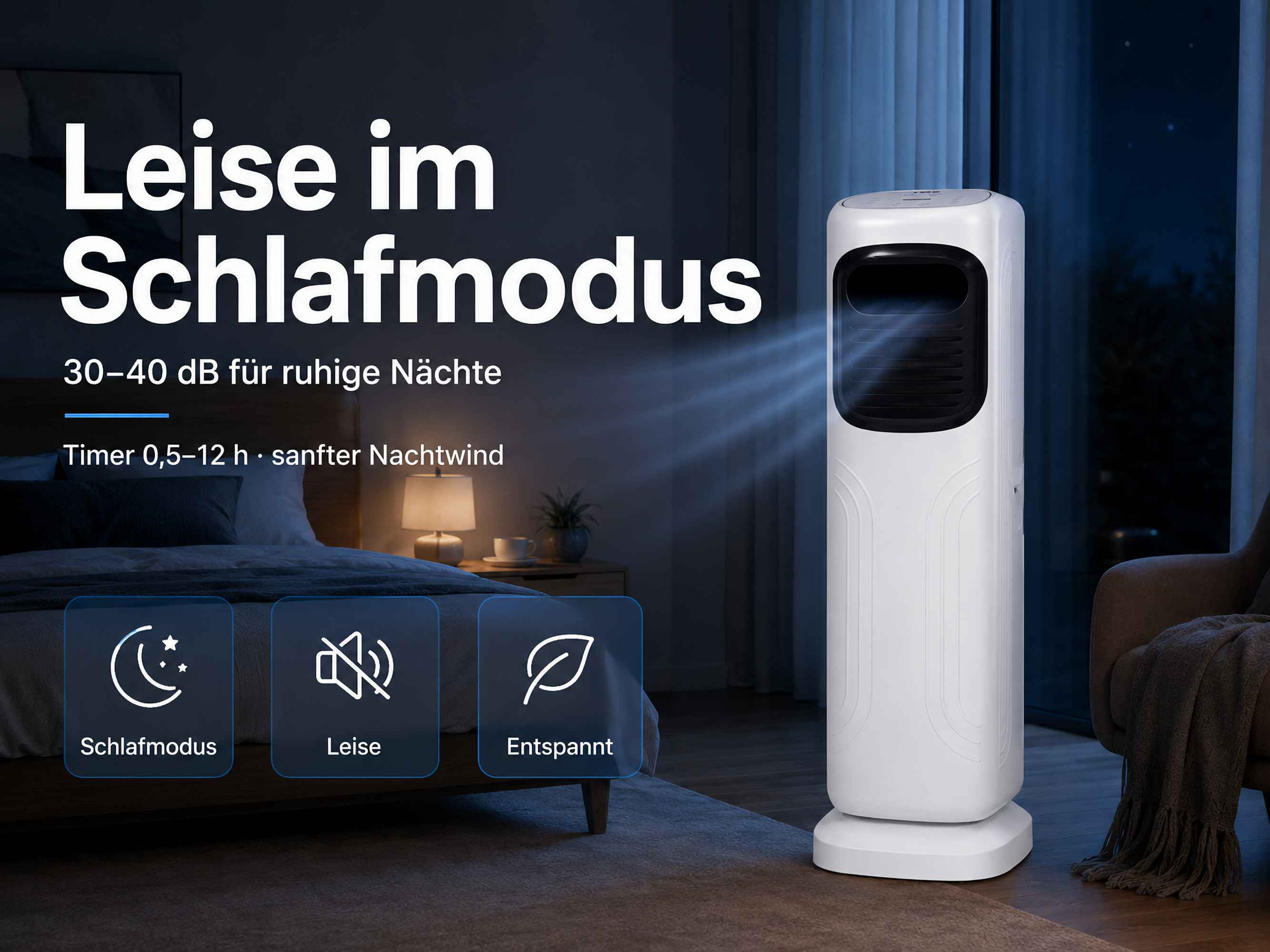Ein weißer Turmventilator steht neben einem Bett in einem dunklen Raum.