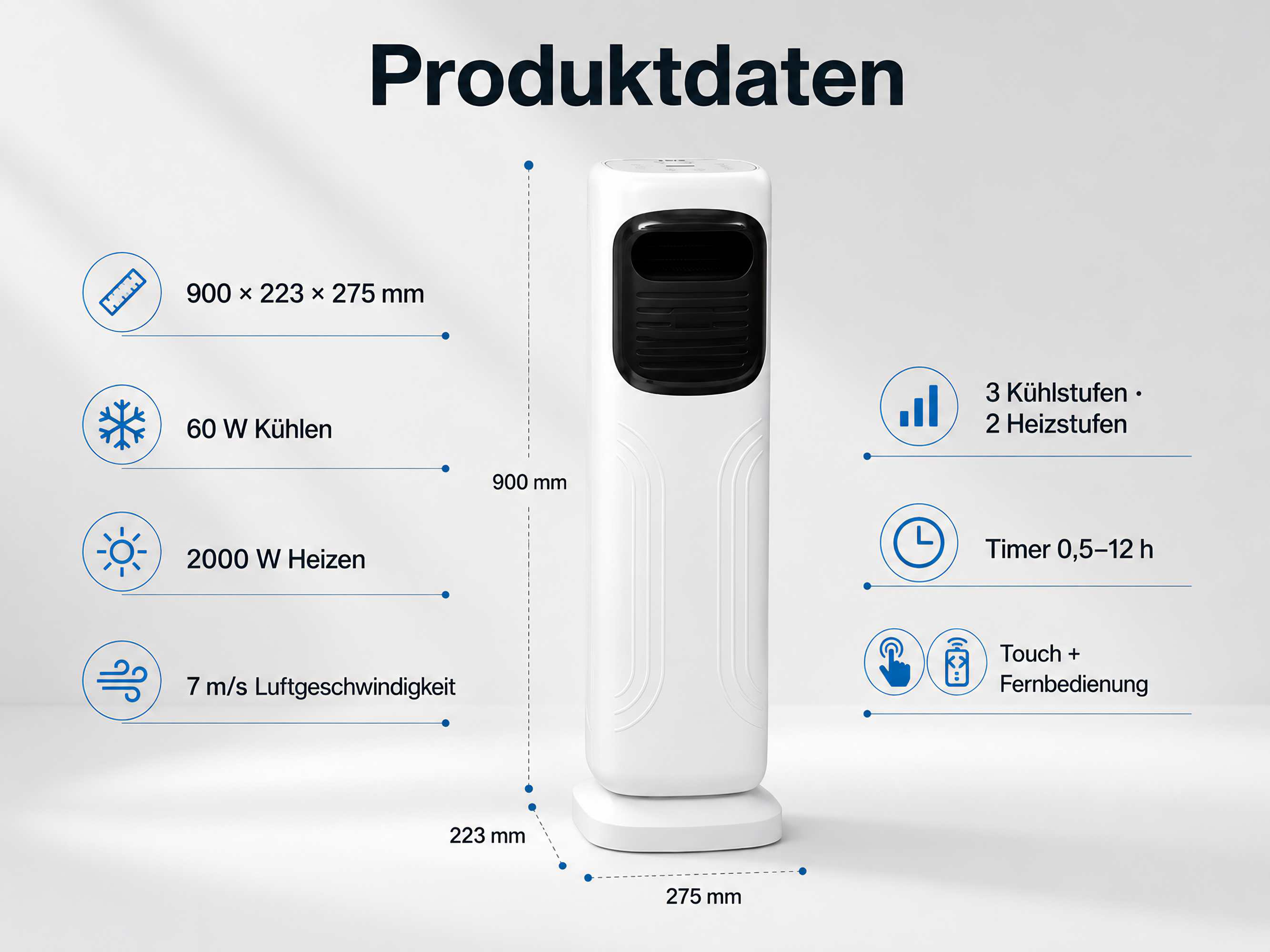 Produktdaten eines weißen Turmventilators: 900x223x275mm, 60W Kühlen, 2000W Heizen, 7m/s Luft.