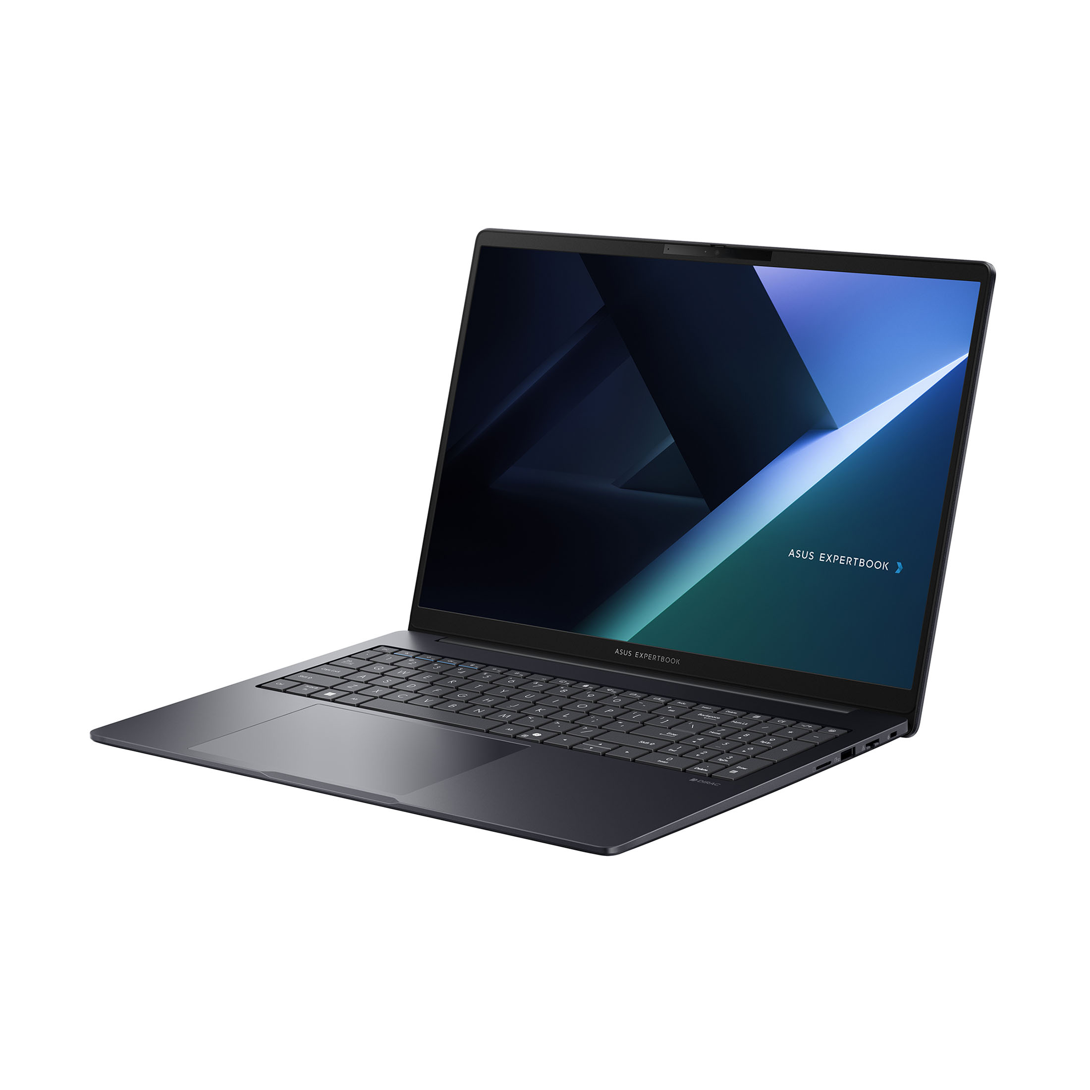 Ein dunkles ASUS Expertbook Laptop mit beleuchteter Tastatur auf weißem Hintergrund.