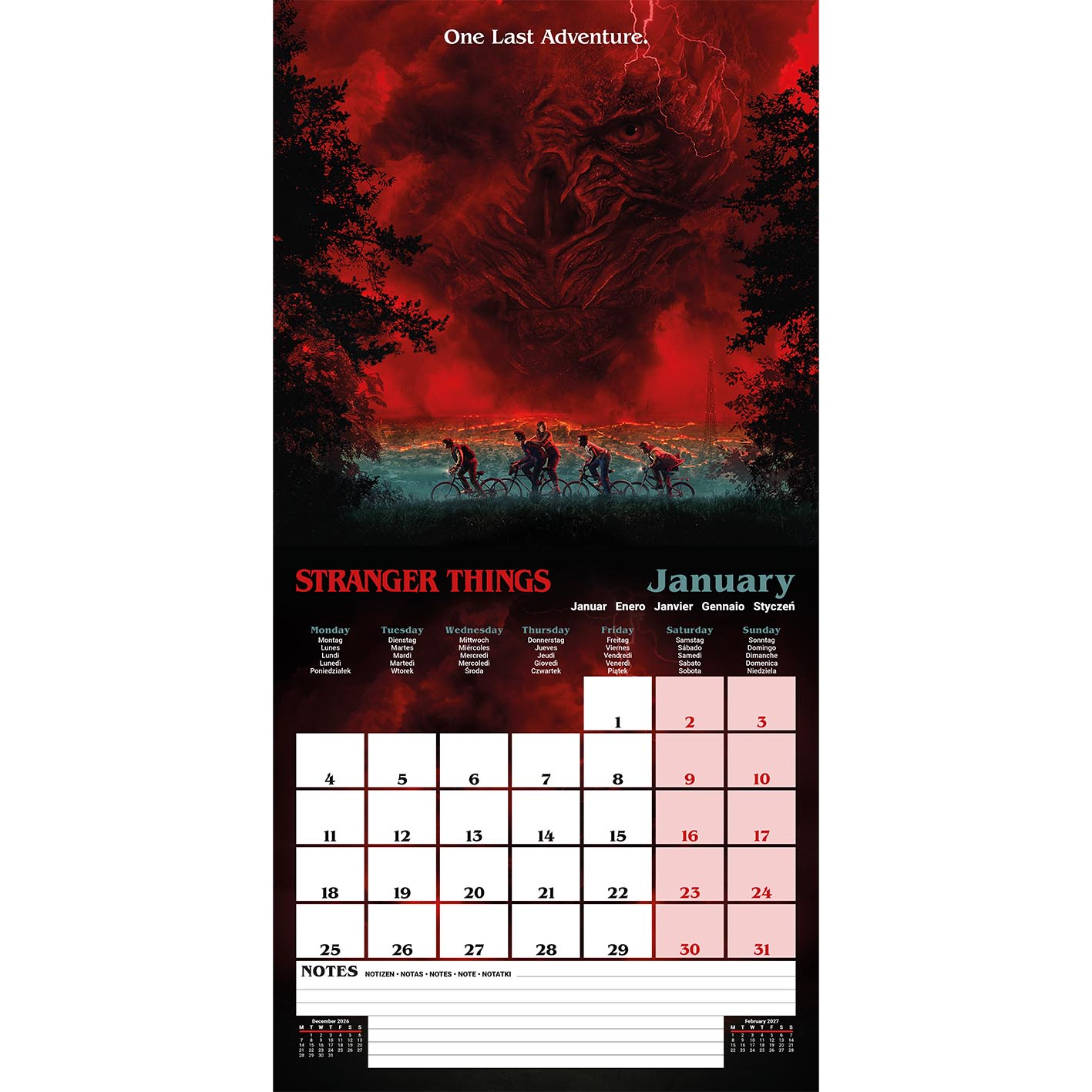 Stranger Things Kalender-Vorderseite mit dem Demogorgon und Kindern auf Fahrrädern.