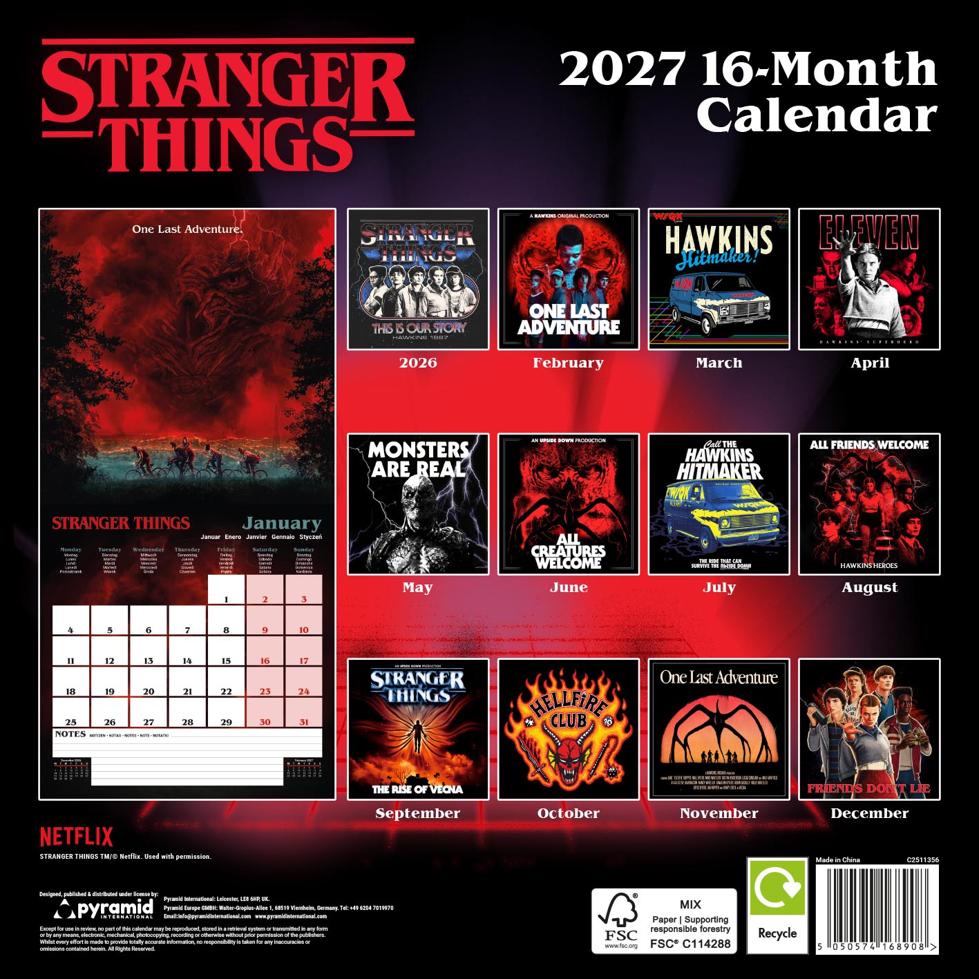 Stranger Things 2027 Kalender mit Bildern der Staffeln für Januar bis Dezember.