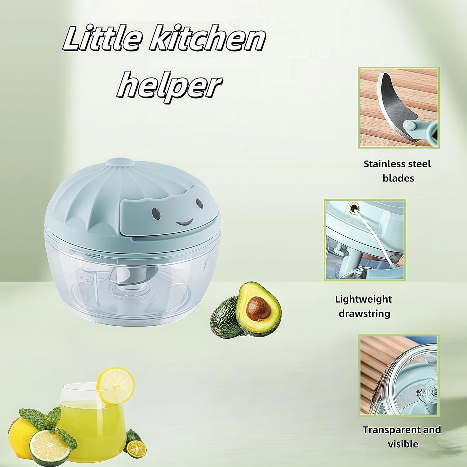 Hellblauer Küchenhelfer mit Gesicht, daneben Avocados, Zitronen und ein Glas Saft.