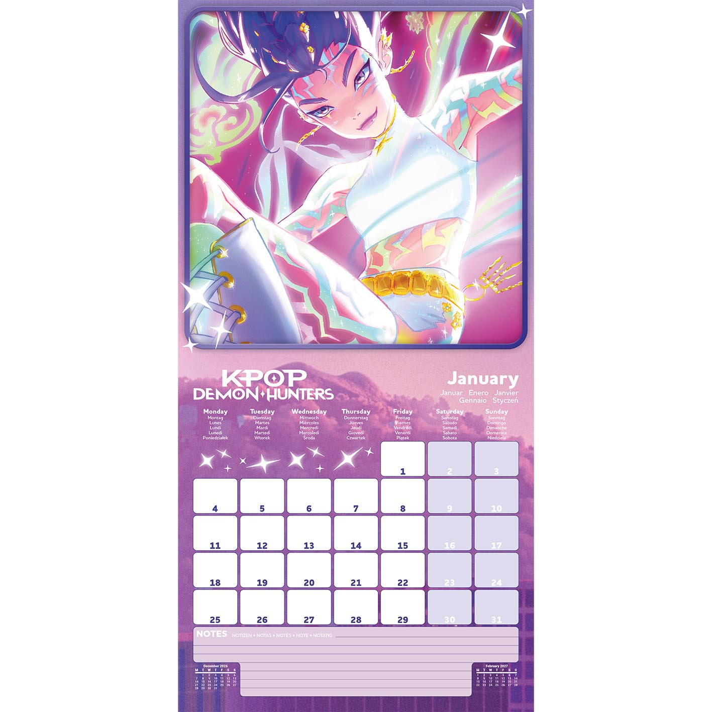 Anime-Kalenderseite für Januar mit einer Kriegerin und einem Kalenderlayout.