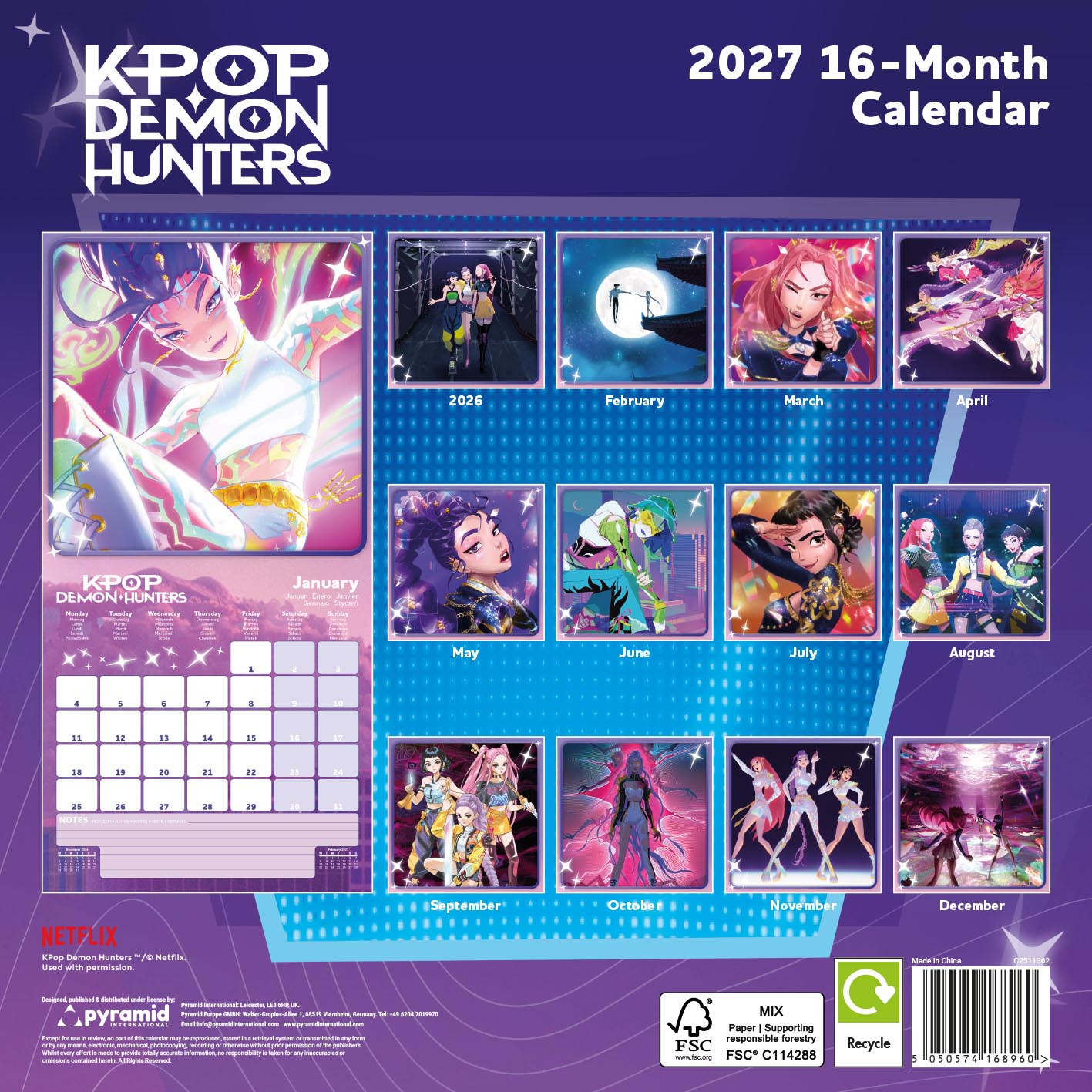 Kalender mit Anime-Figuren für 2027, 'Kpop Demon Hunters', mit Monatsansichten.