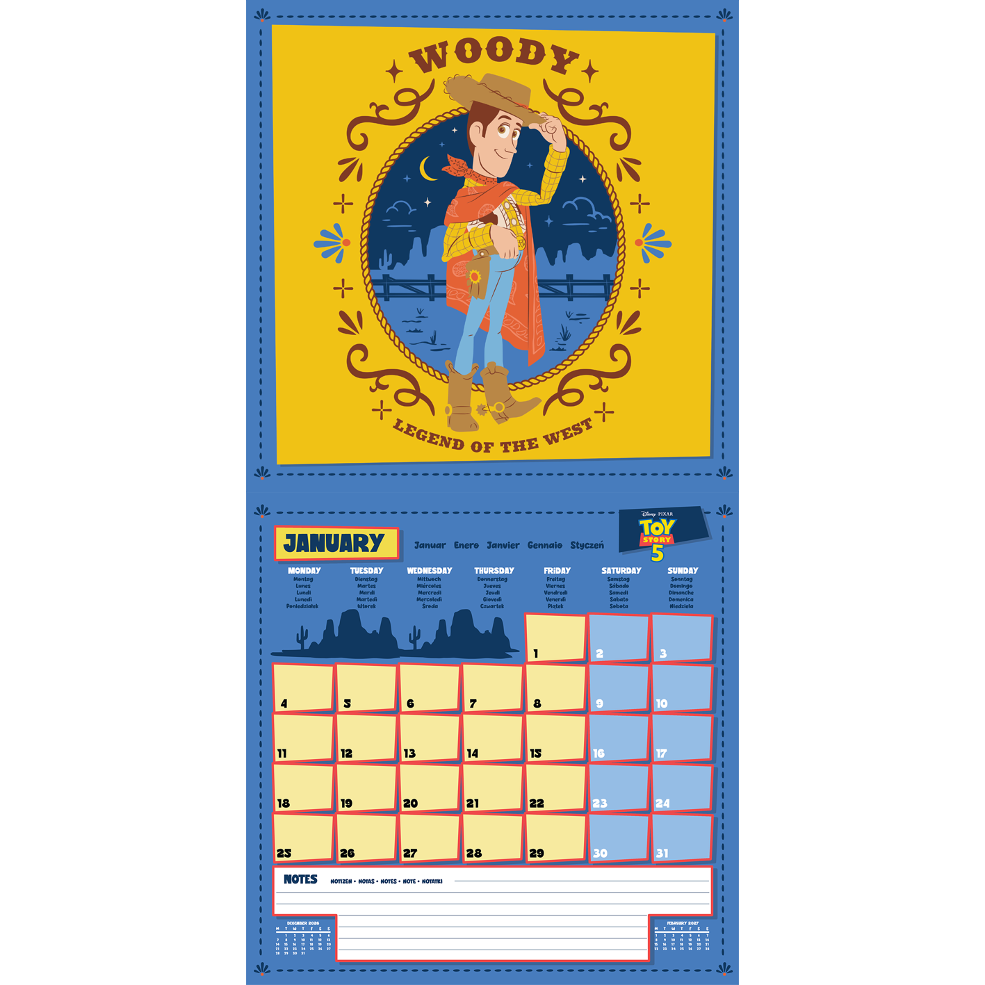Kalenderblatt Januar mit Woody als "Legende des Westens" und Kalenderfeldern.