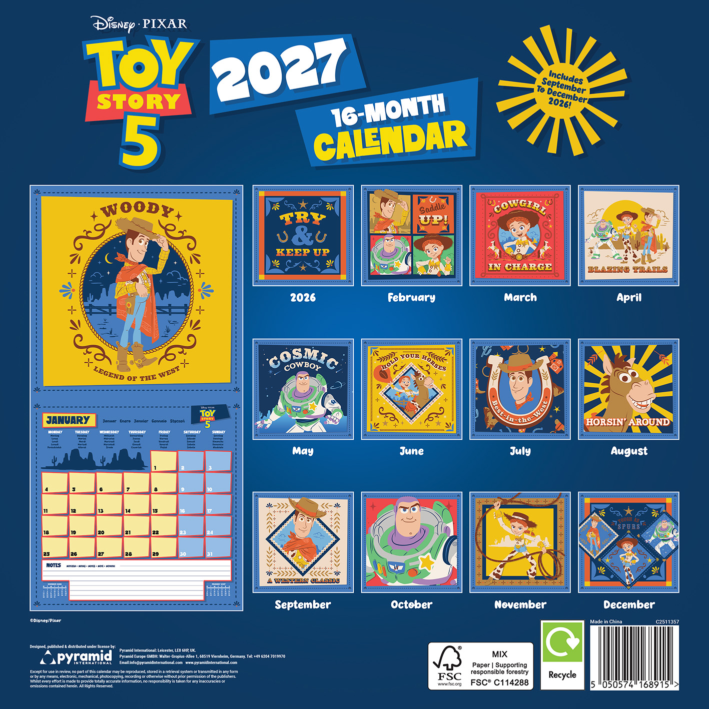 Toy Story 5 Kalender 2027 mit Bildern von Woody, Buzz Lightyear und Jessie.