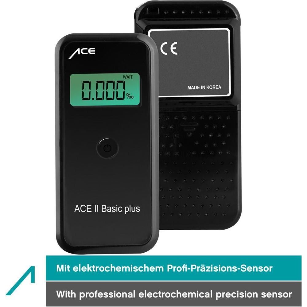 Schwarzer Alkoholtester mit digitaler Anzeige 0.000%. Made in Korea.