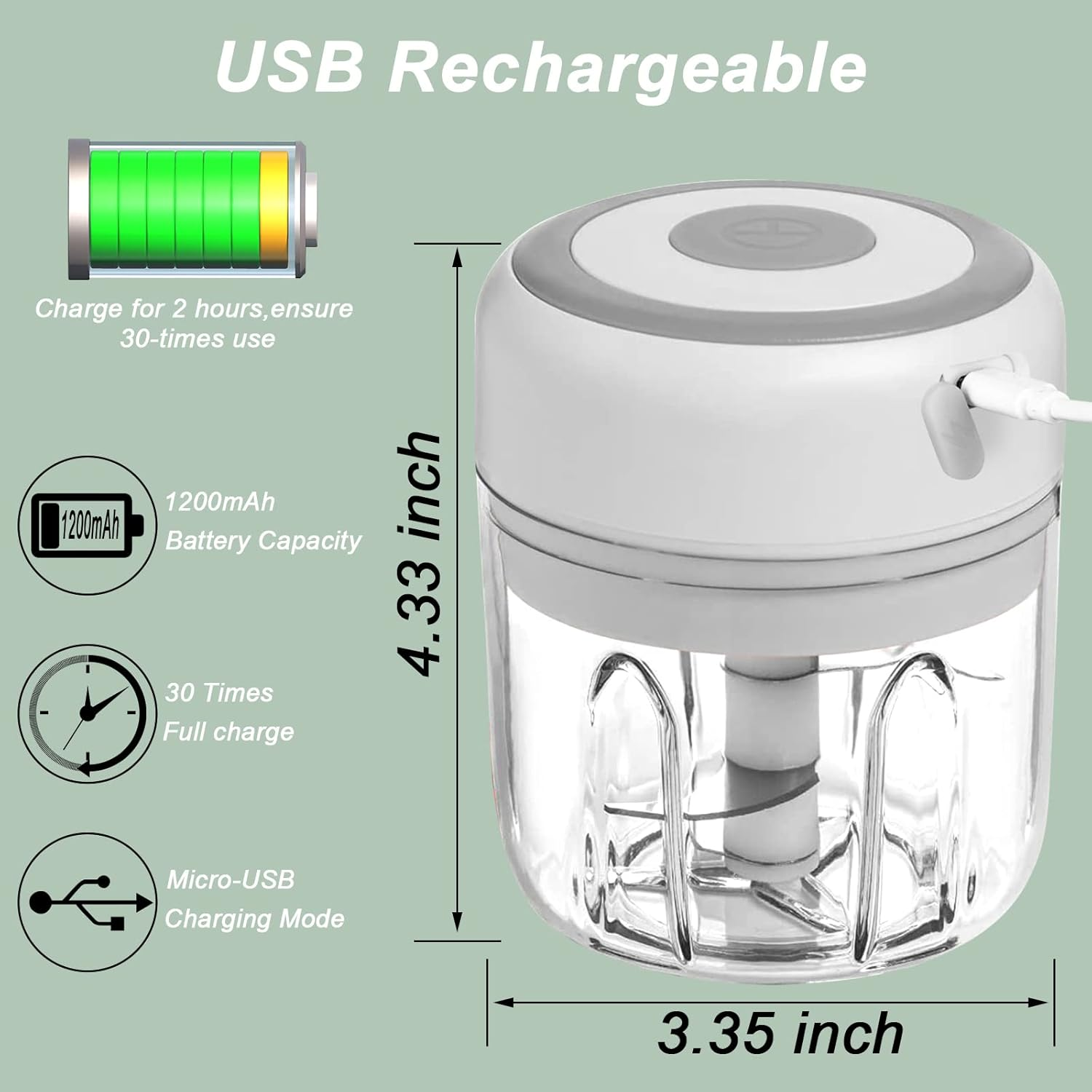 Ein weißer wiederaufladbarer USB-Zerkleinerer mit transparentem Behälter und Klingen.