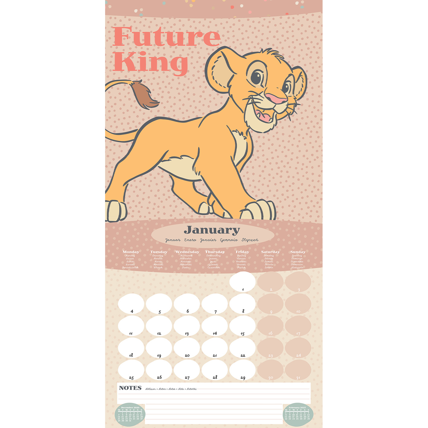 Ein Kalenderblatt für Januar mit Simba aus Der König der Löwen und einem Kalenderlayout.