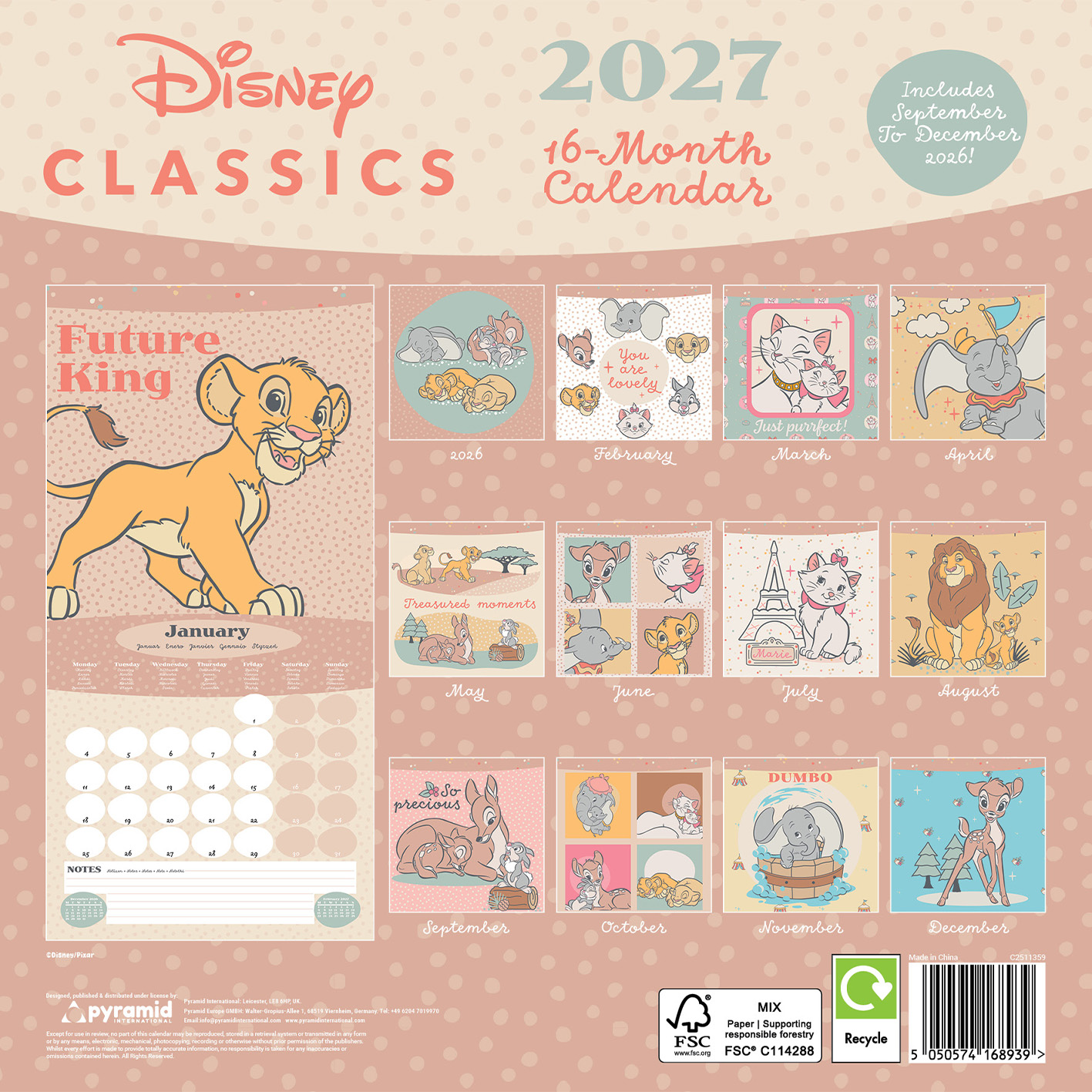 Disney Classics 2027 16-Monatskalender mit Simba, Bambi, Marie, Dumbo und mehr.