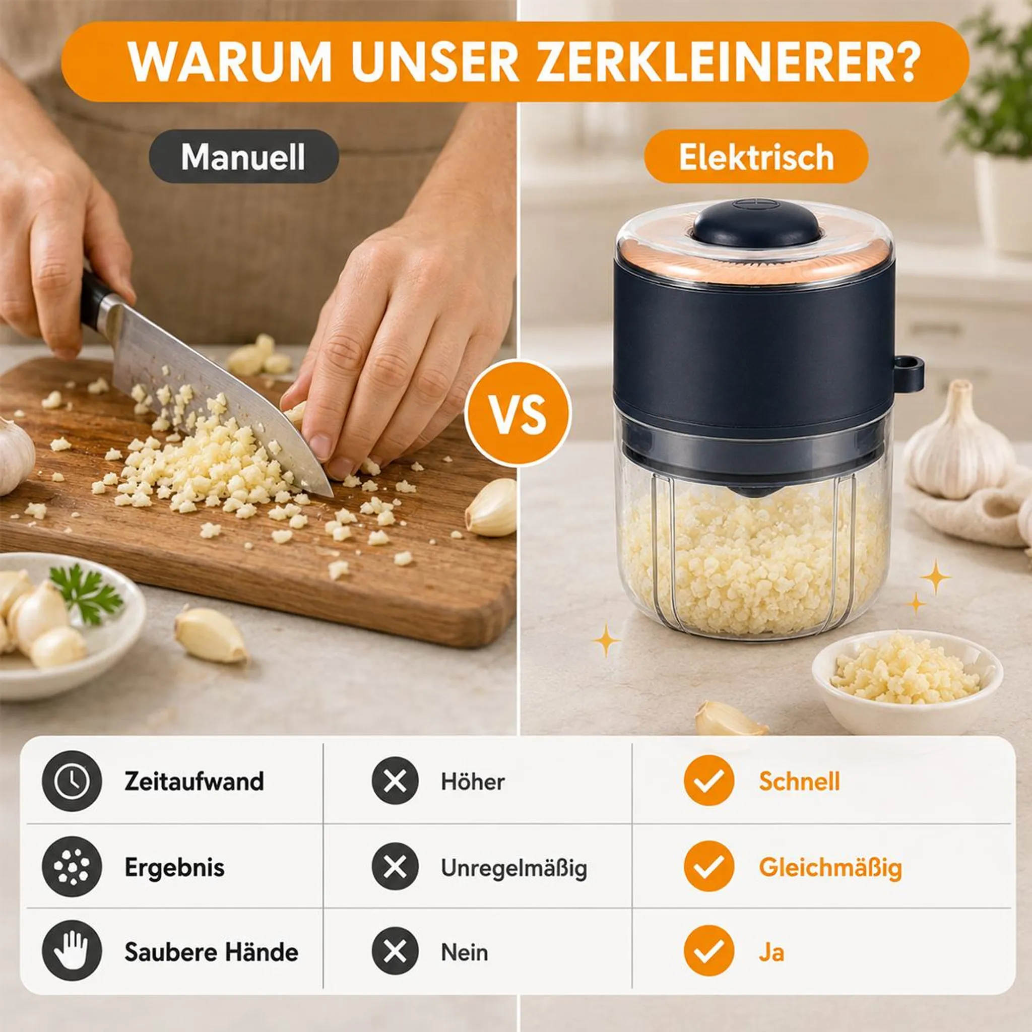 Vergleich: Manueller vs. elektrischer Zerkleinerer. Links: Hacken von Knoblauch mit Messer. Rechts: Elektrischer Zerkleinerer.