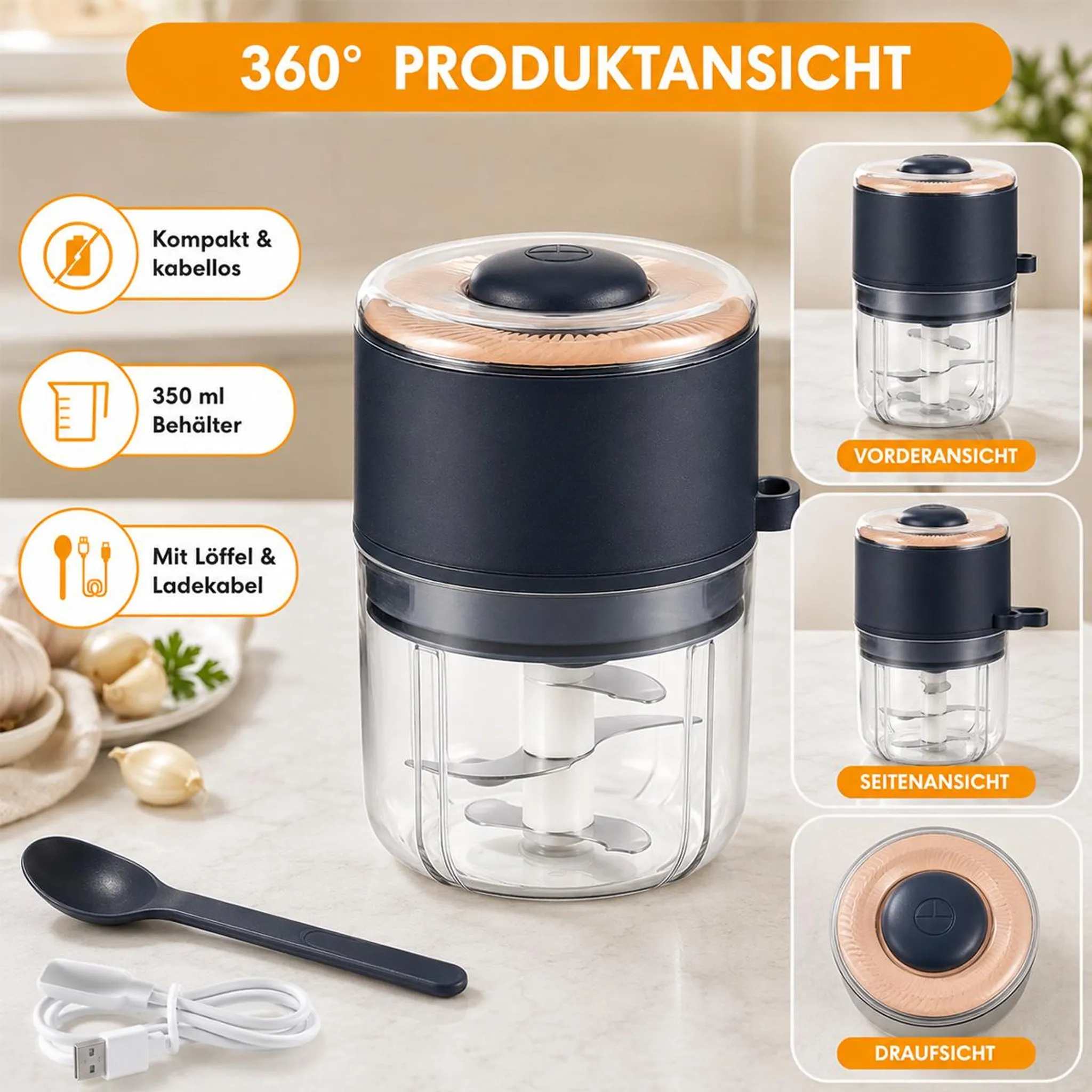 Kabelloser Mini-Zerkleinerer mit 350ml Behälter, Löffel und Ladekabel.