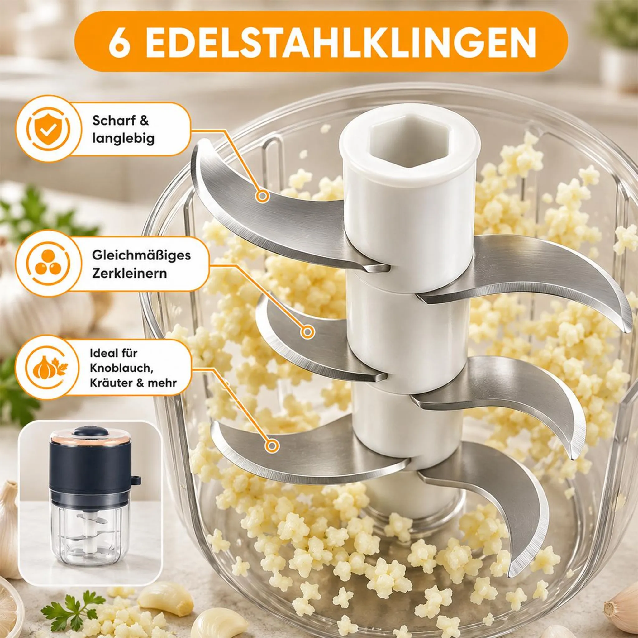 Ein elektrischer Knoblauchschneider mit sechs Edelstahlklingen und zerkleinertem Knoblauch.