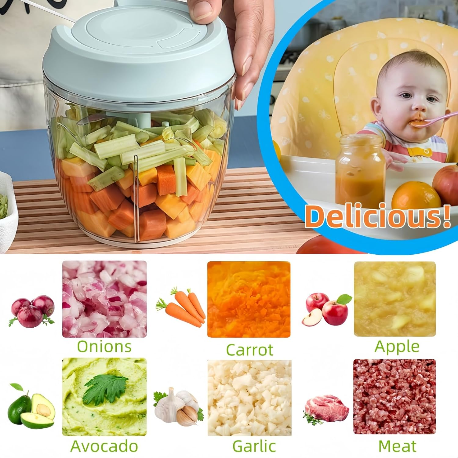 Ein Küchenhelfer mit gehacktem Gemüse und Babybrei. Zutaten sind Zwiebeln, Karotten, Äpfel, Avocado, Knoblauch, Fleisch.