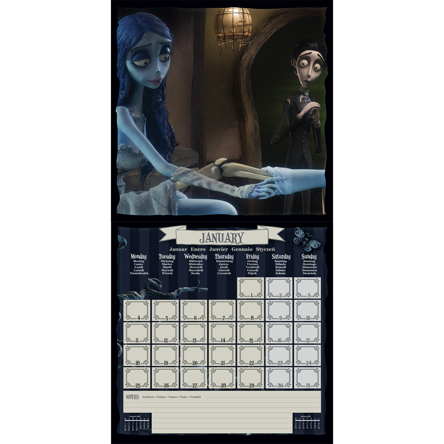 Eine animierte Szene mit einer blauen Braut und einem Bräutigam neben einem Januar-Kalender.