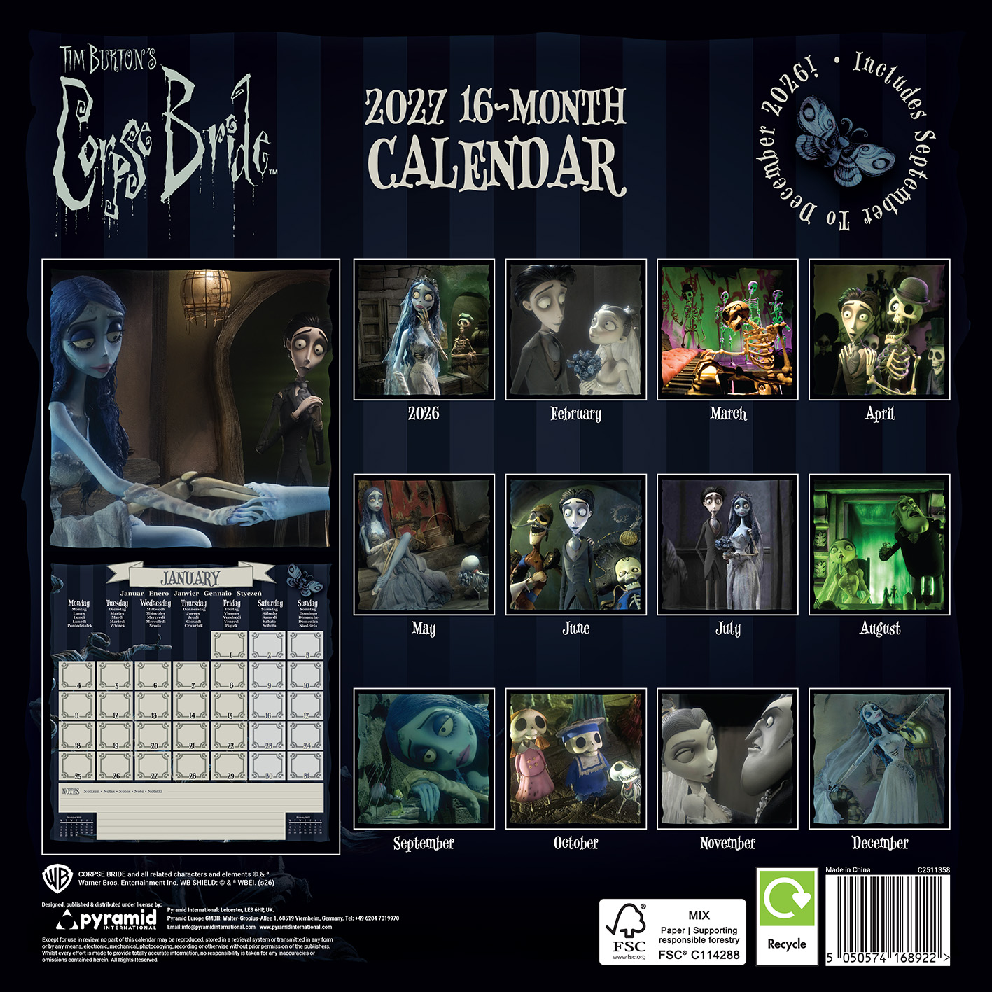 Tim Burtons Corpse Bride 2026 16-Monats-Kalender mit Monatsansichten und Szenen.