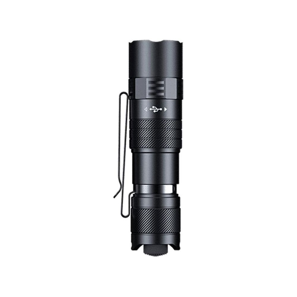 Torcia nera compatta con simbolo USB e clip.