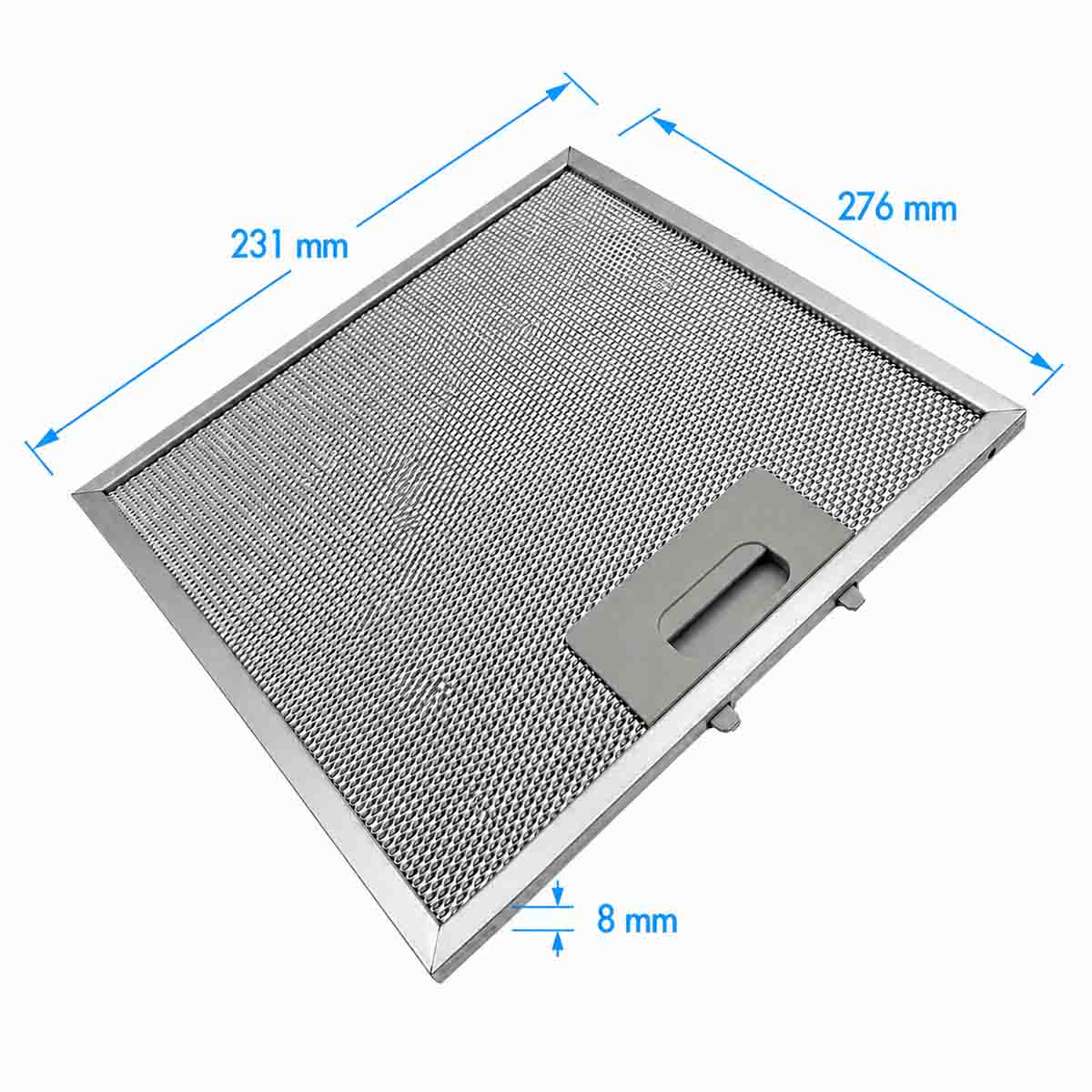 Metallischer Dunstabzugshaubenfilter mit Abmessungen 231x276 mm und 8 mm Dicke.