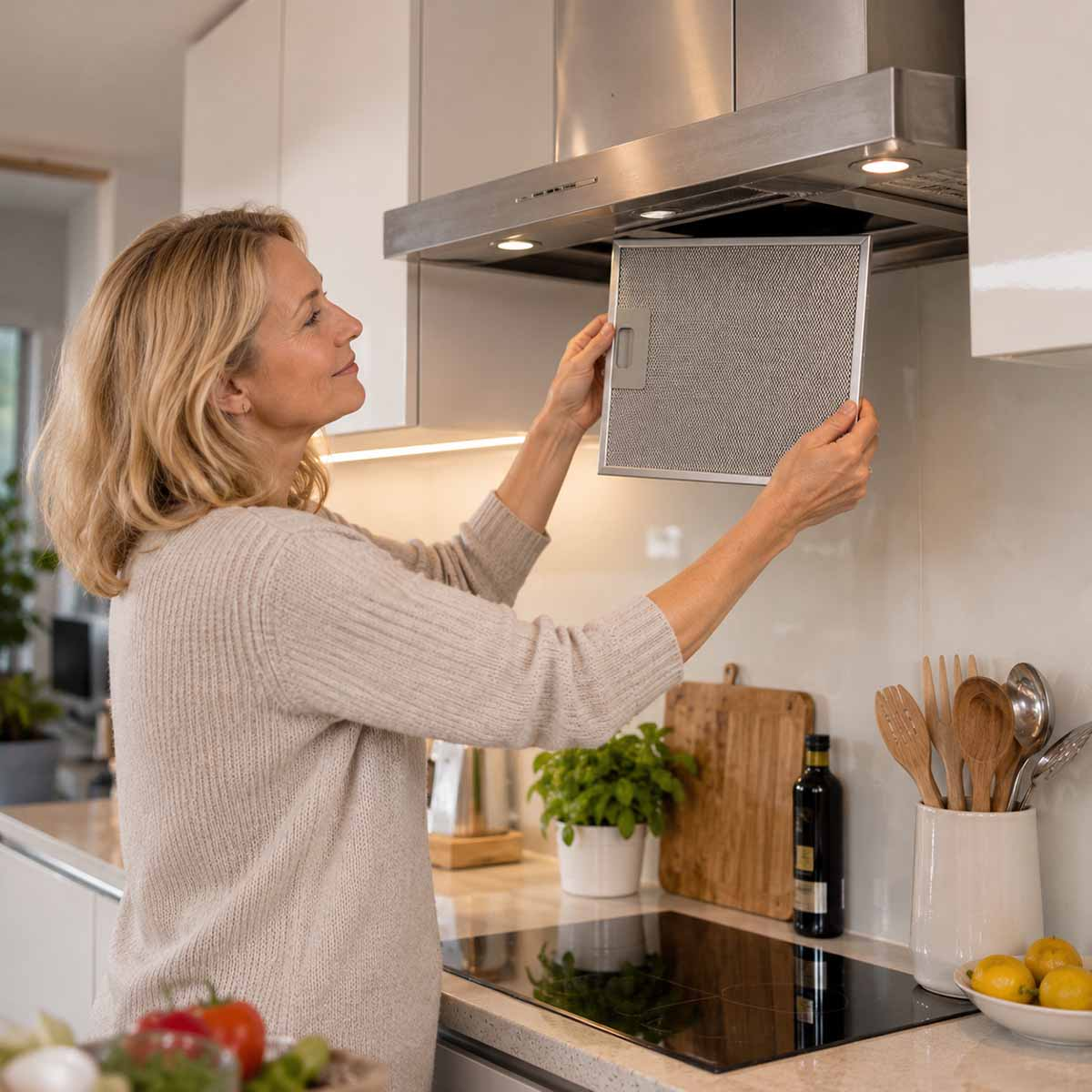 Eine Frau entfernt einen Metallfilter aus einer Dunstabzugshaube in einer Küche.
