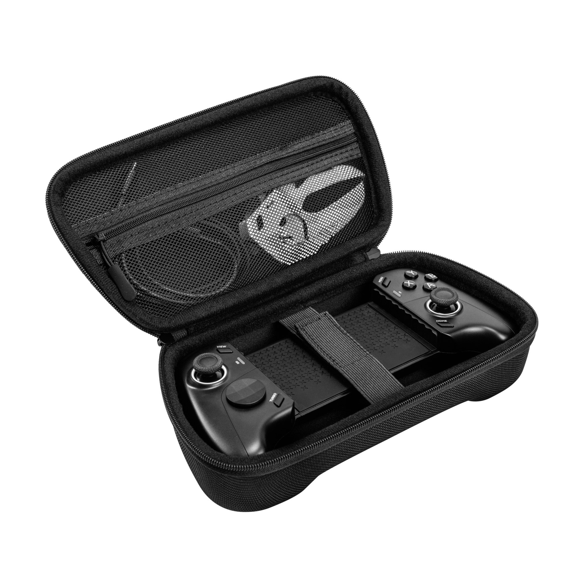 Schwarze Schutzhülle mit zwei schwarzen Gamecontrollern und Zubehör.