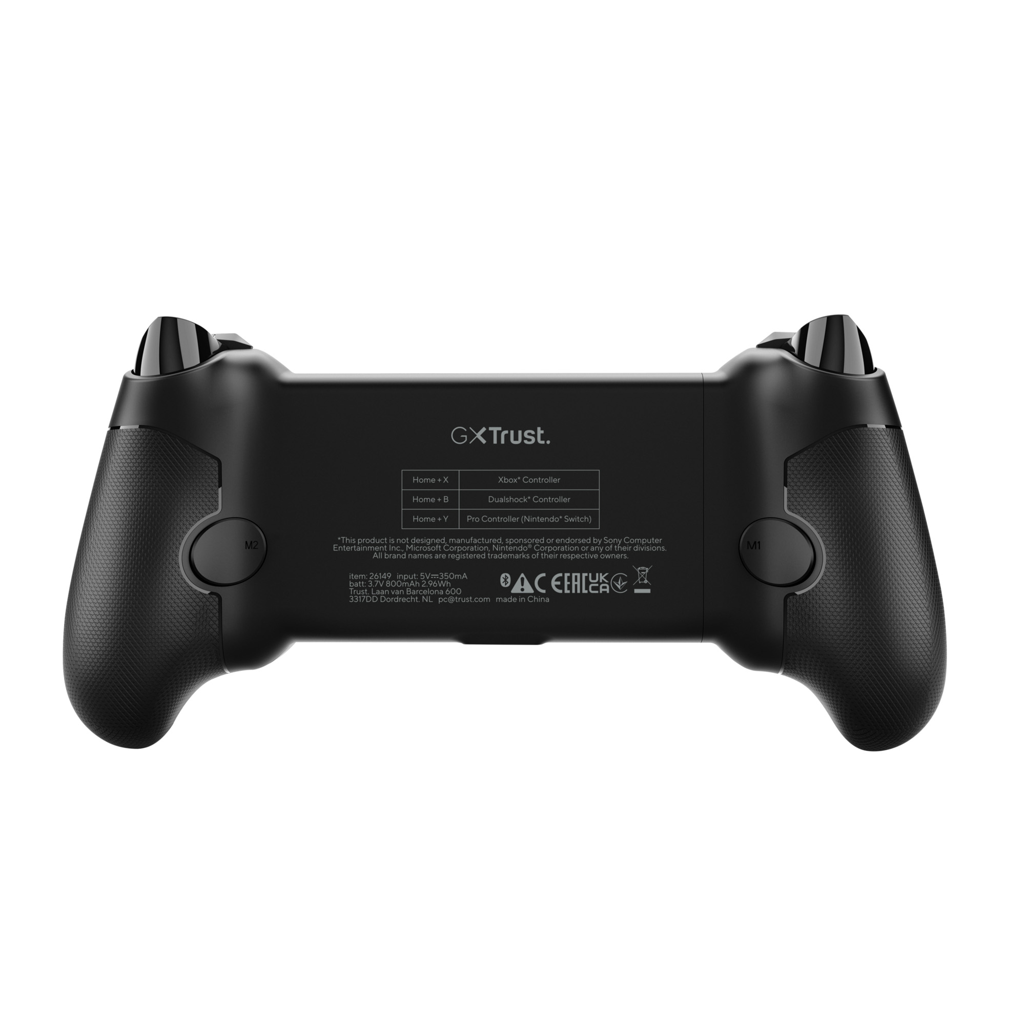 Schwarzer Gaming-Controller mit Beschriftungen und Logos auf der Rückseite.