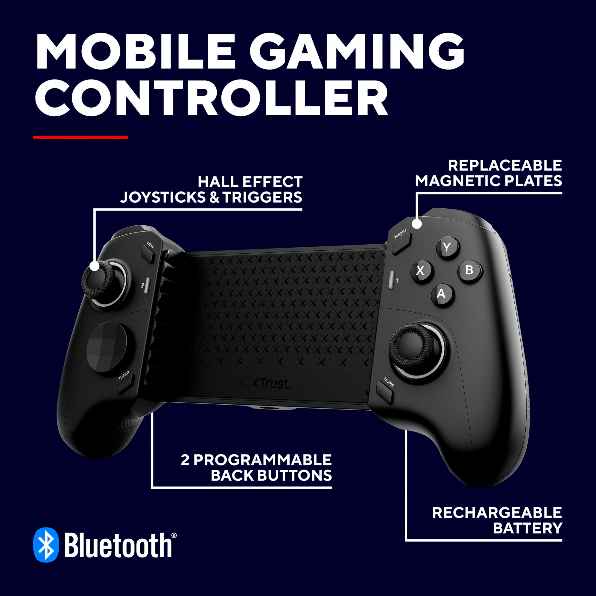 Schwarzer mobiler Gaming-Controller mit Hall-Effekt-Joysticks, Tasten und Bluetooth.