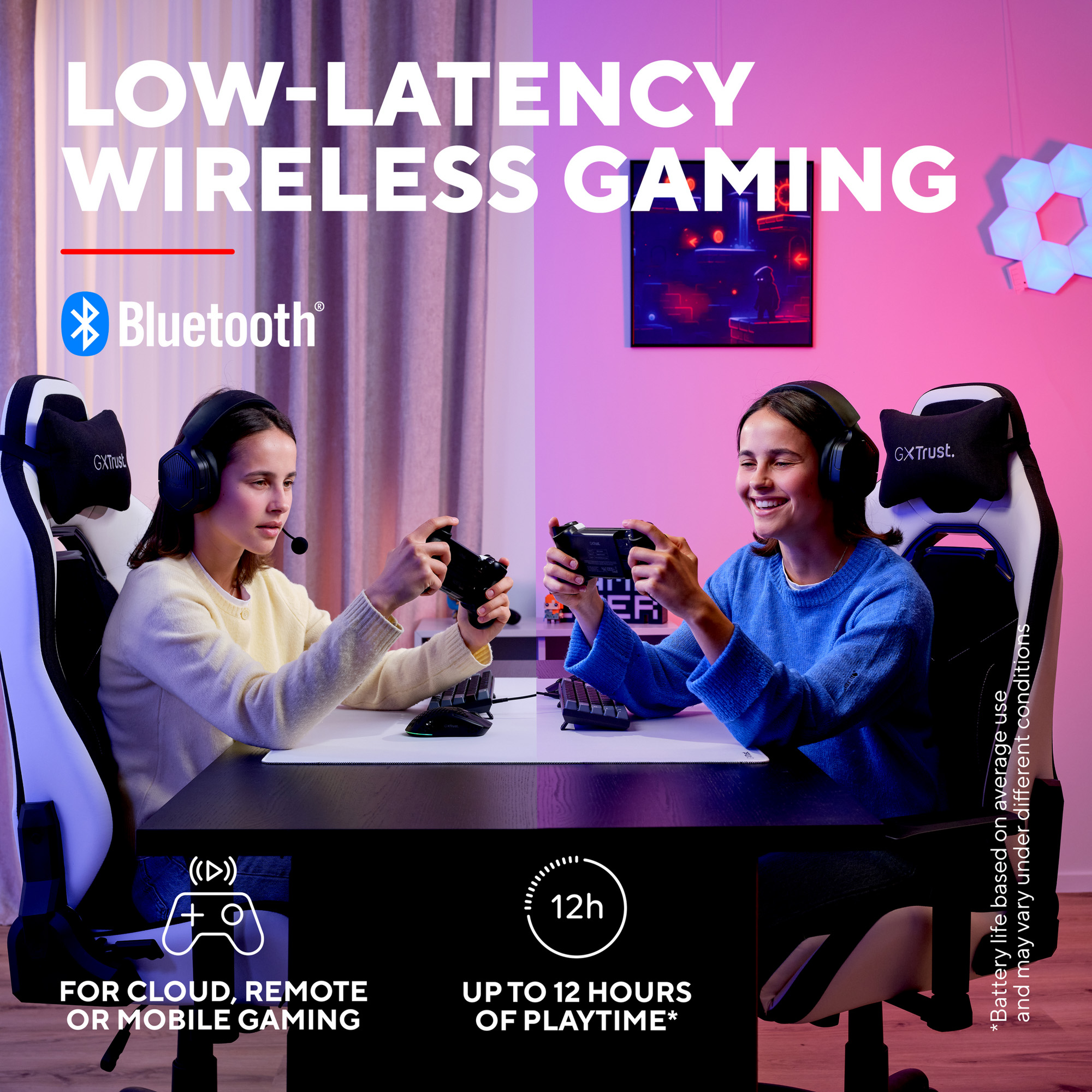 Zwei Mädchen spielen mit Controllern, "Low-Latency Wireless Gaming" steht groß.