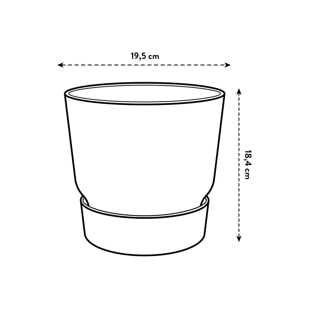 Skizze eines Topfes mit Maßen: Breite 19,5 cm, Höhe 18,4 cm.