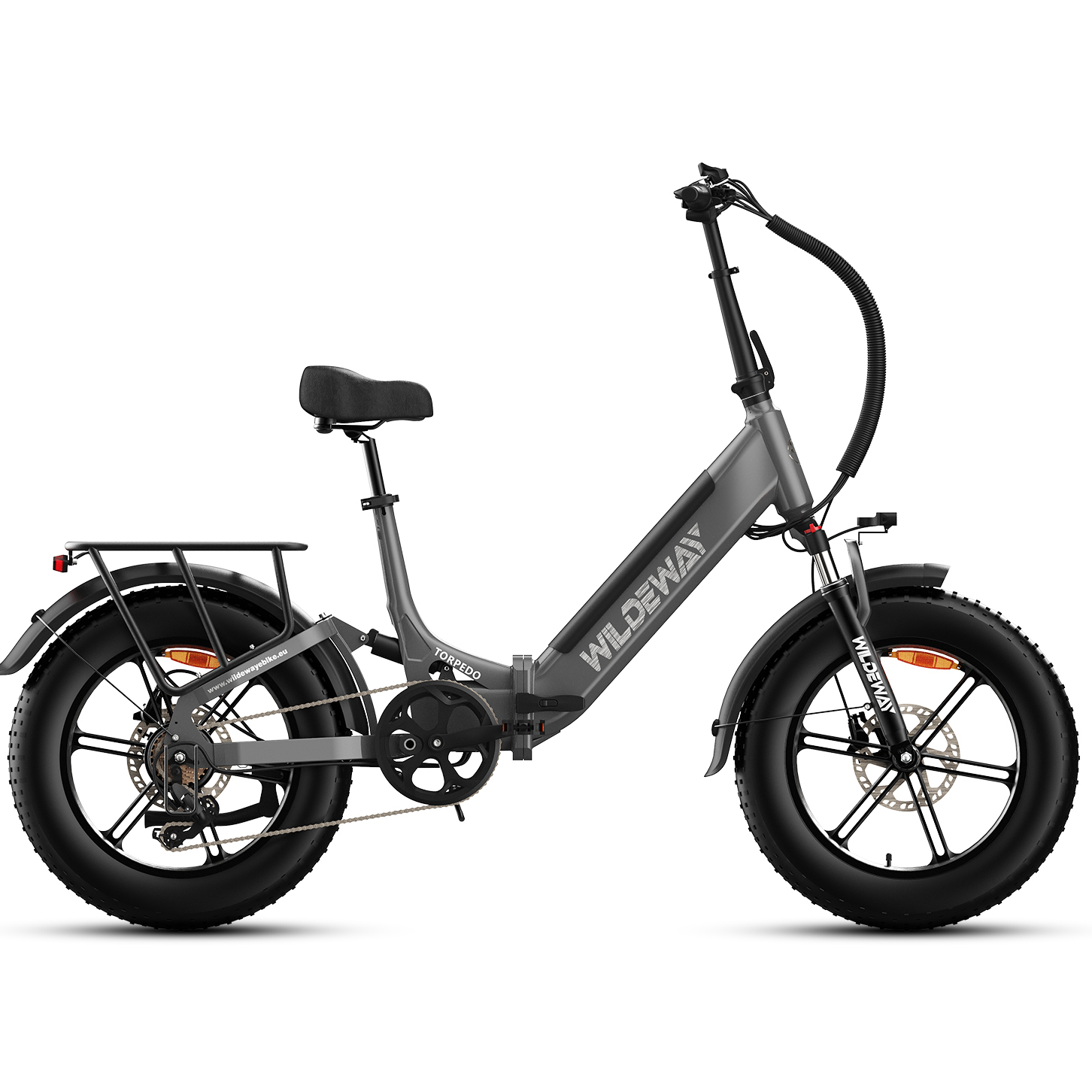 Bicicletta elettrica pieghevole grigia con pneumatici grassi, portapacchi e freni a disco.