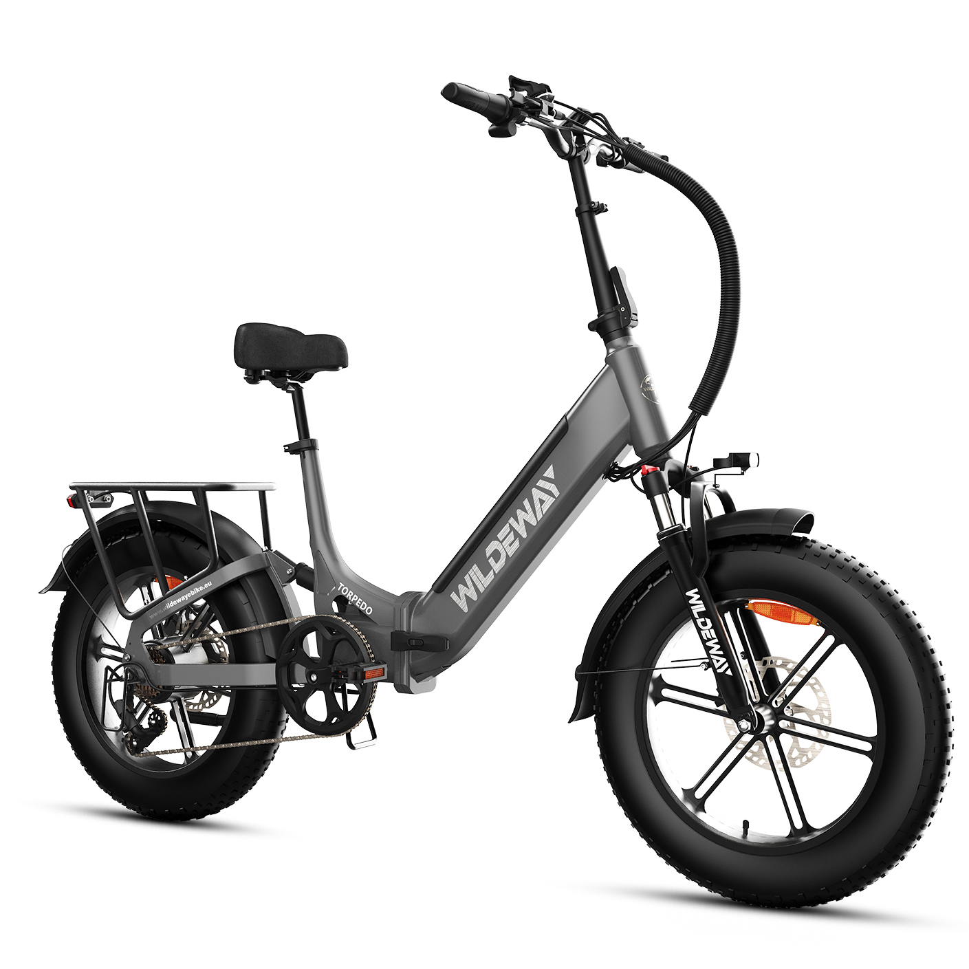Bicicletta elettrica grigia con pneumatici larghi, portapacchi posteriore.