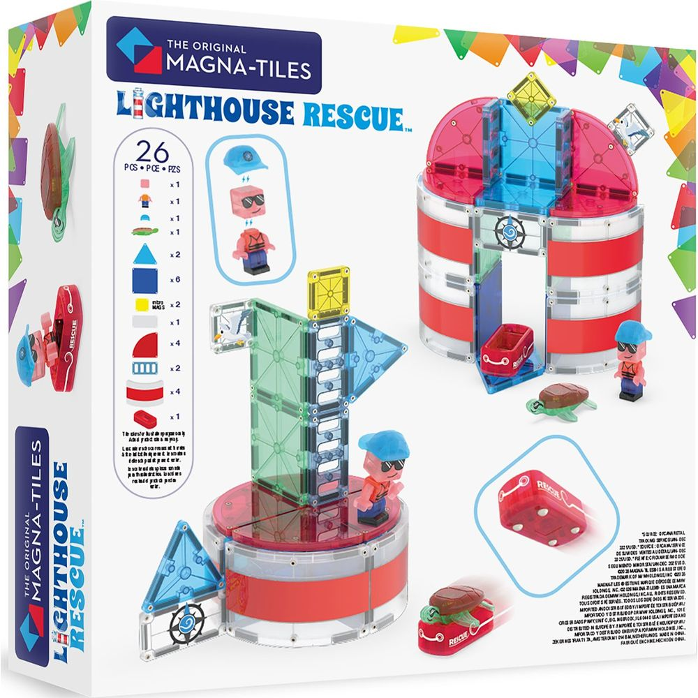 Magna-Tiles-Bausatz mit Leuchtturm, Leiter, Figuren, Schildkröte und Boot.