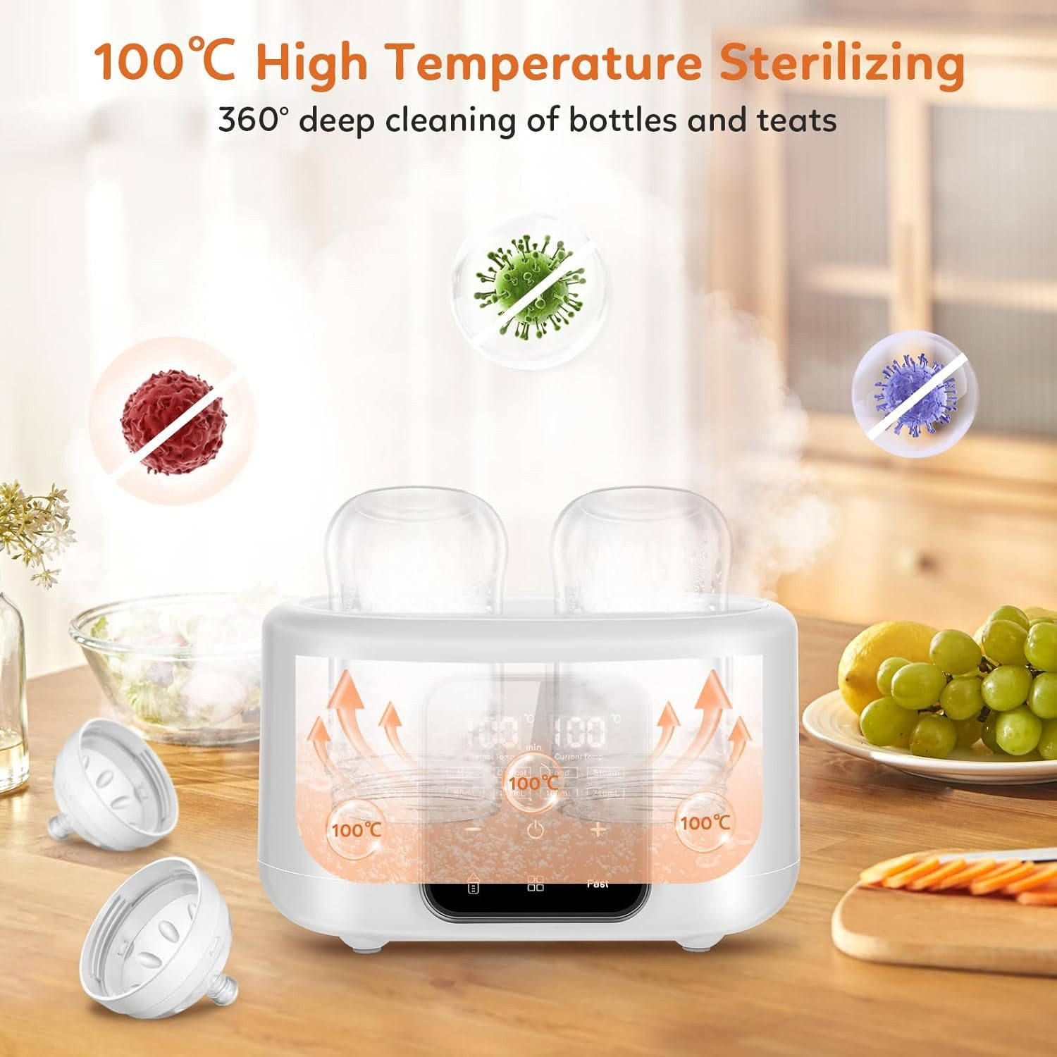 Ein Dampfsterilisator für Babyflaschen mit einer Anzeige von 100°C und Symbolen für Viren.