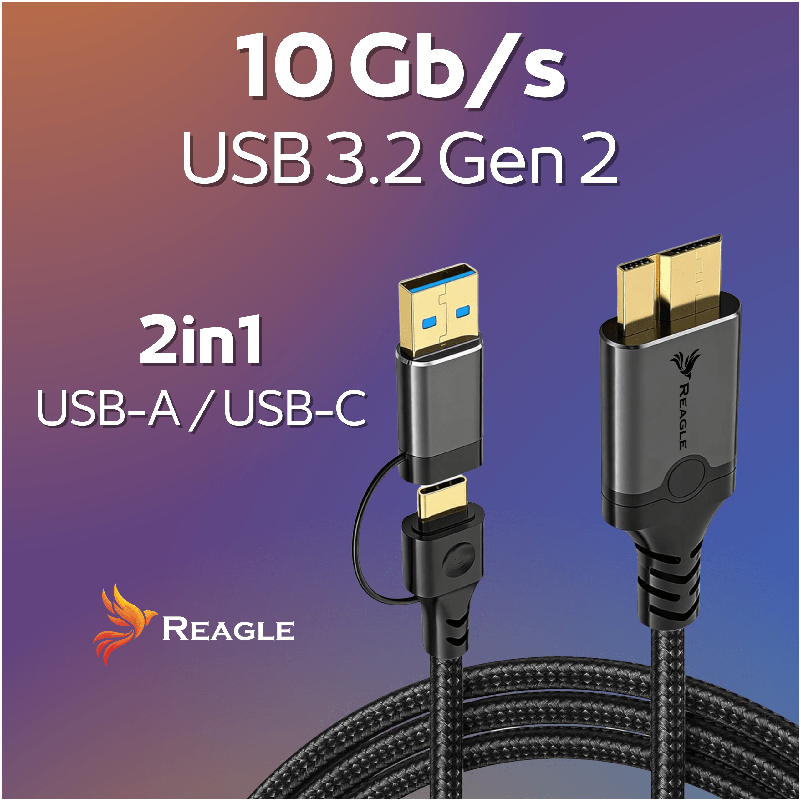 Ein 2-in-1 USB-Kabel: USB-A und USB-C mit 10 Gbit/s.
