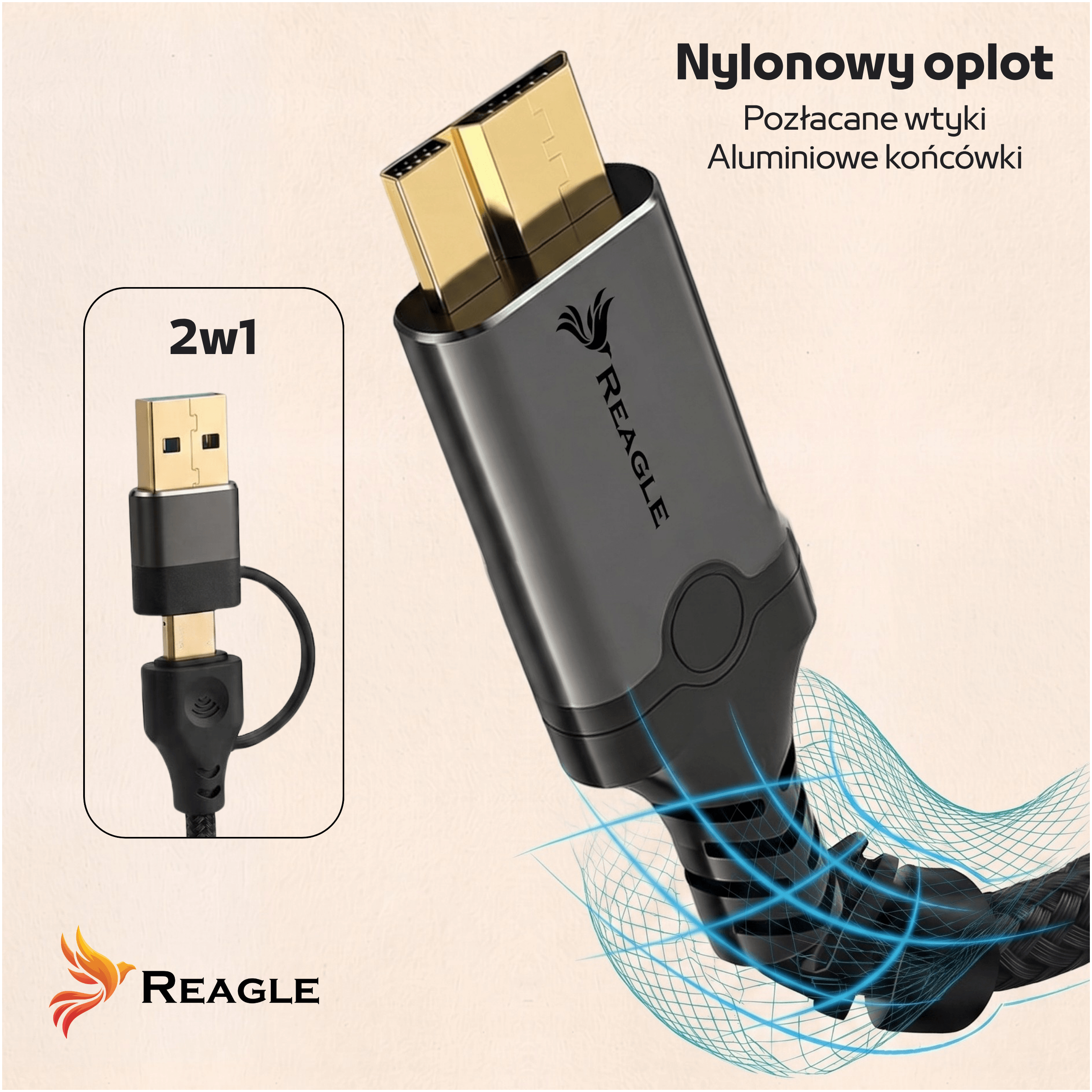 Grauer Kabeladapter mit goldenen Anschlüssen und USB-C-Anschluss.