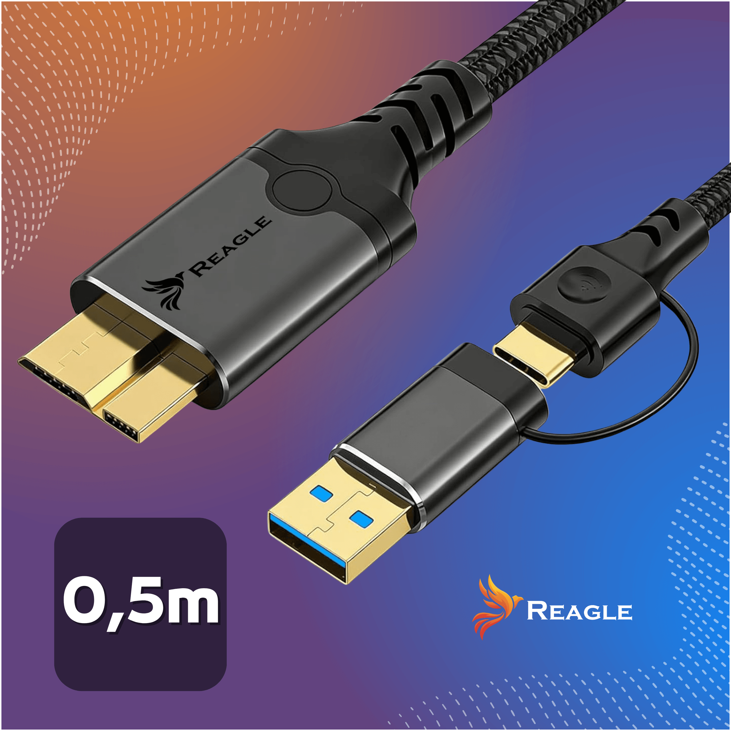 Ein HDMI- und ein USB-C-Kabel mit goldfarbenen Anschlüssen.